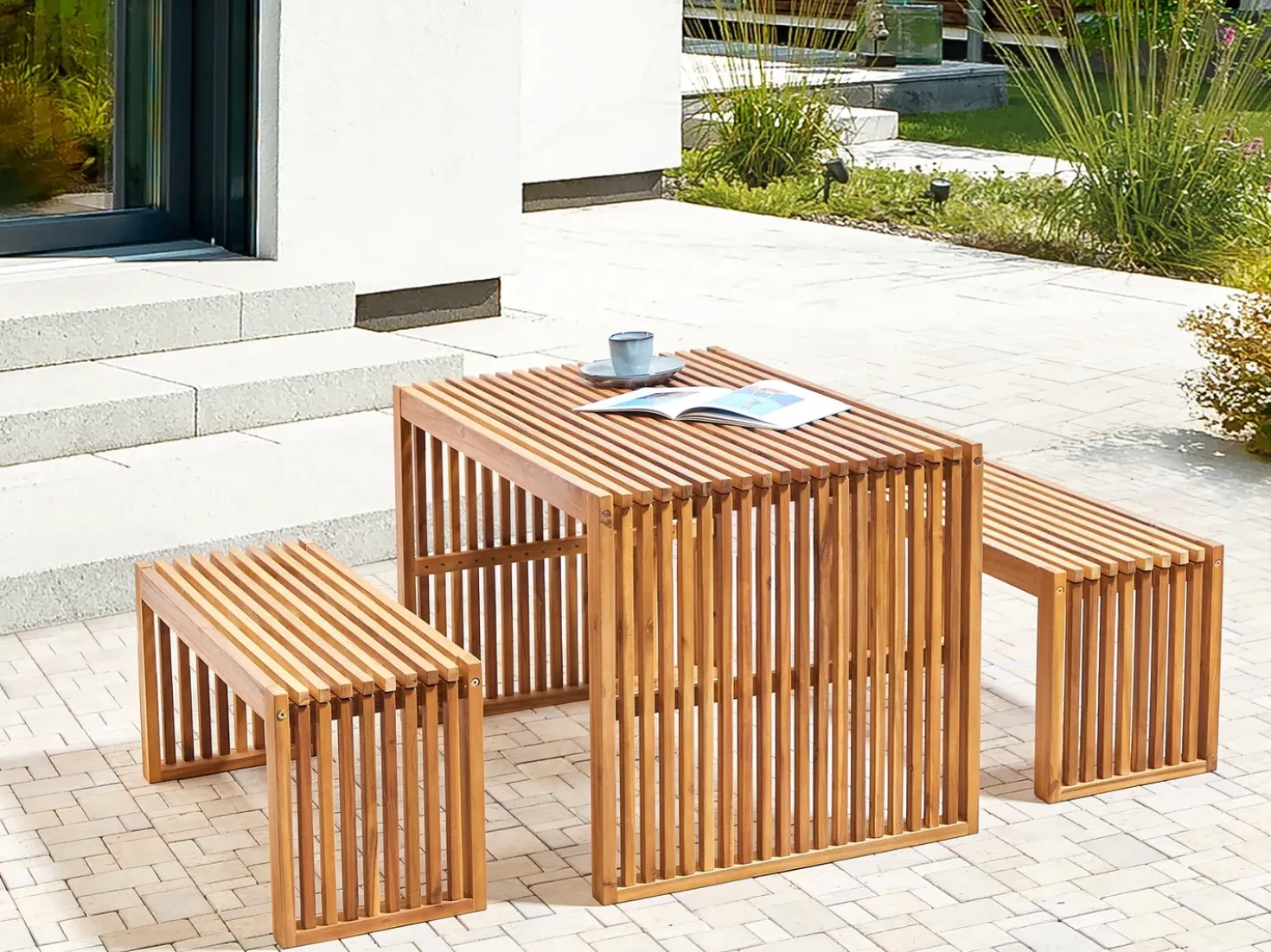 Set da pranzo da giardino con panche 6 posti SULZANO Legno d'acacia Marrone