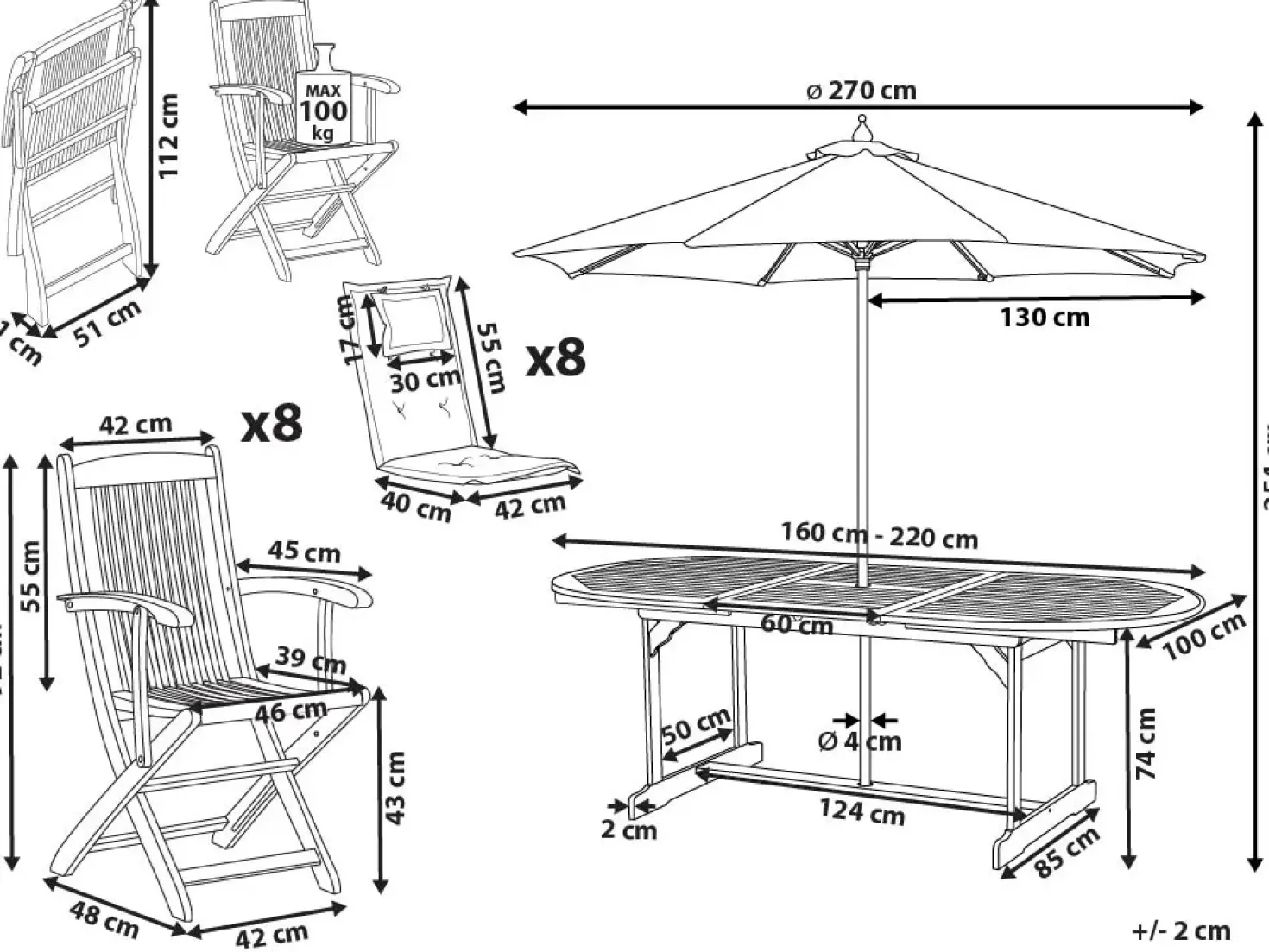 Set da pranzo da giardino 8 posti MAUI II con Ombrellone Legno d'acacia Rosso scuro
