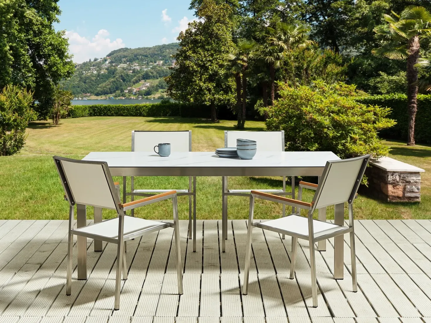 Set da pranzo da giardino 4 posti COSOLETO/GROSSETO Vetro temperato Effetto marmo Marmo bianco