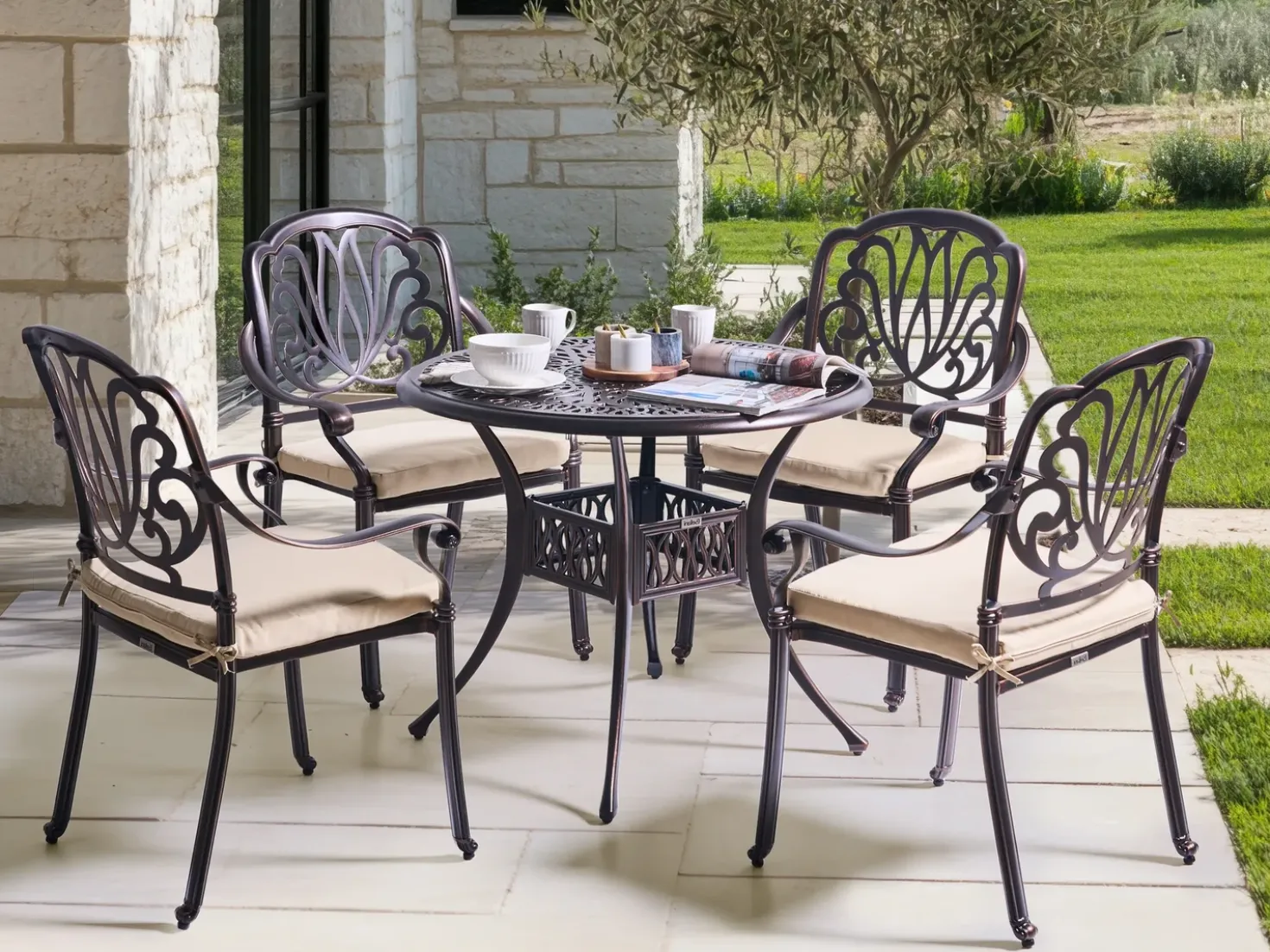 Set da pranzo da giardino 4 posti ANCONA con cuscini Metallo Marrone scuro