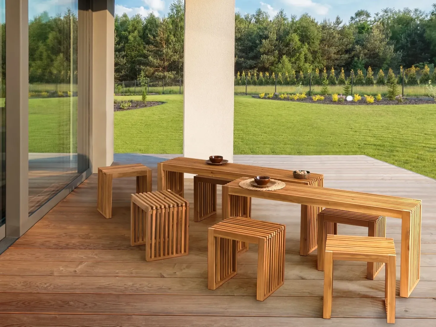 Set da pranzo da giardino con panche e sgabelli 6 posti BELLANO Legno d'acacia Marrone