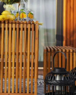 Set da pranzo da giardino con panche e sgabelli 6 posti BELLANO Legno d'acacia Marrone