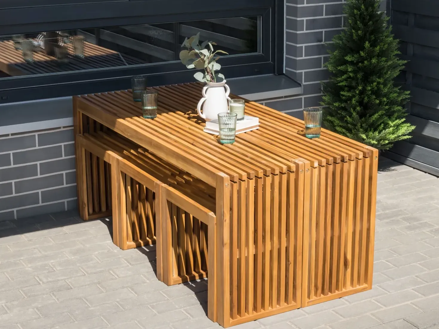 Set da pranzo da giardino con panche e sgabelli 6 posti BELLANO Legno d'acacia Marrone