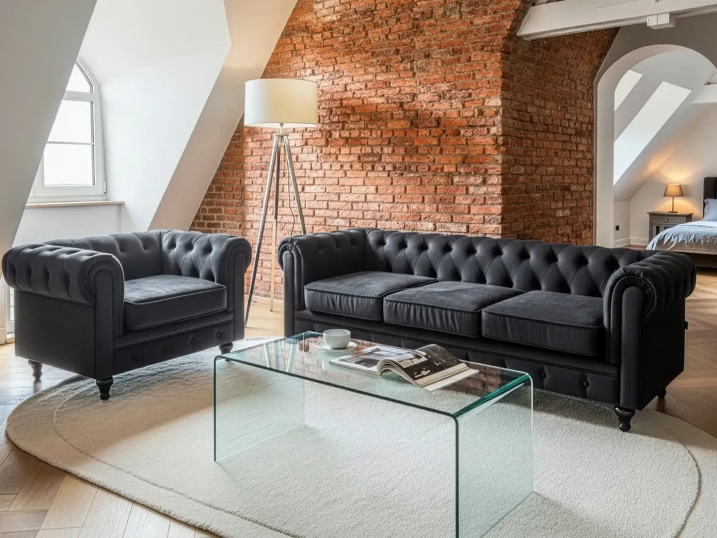 Set da salotto 4 posti CHESTERFIELD Velluto Nero