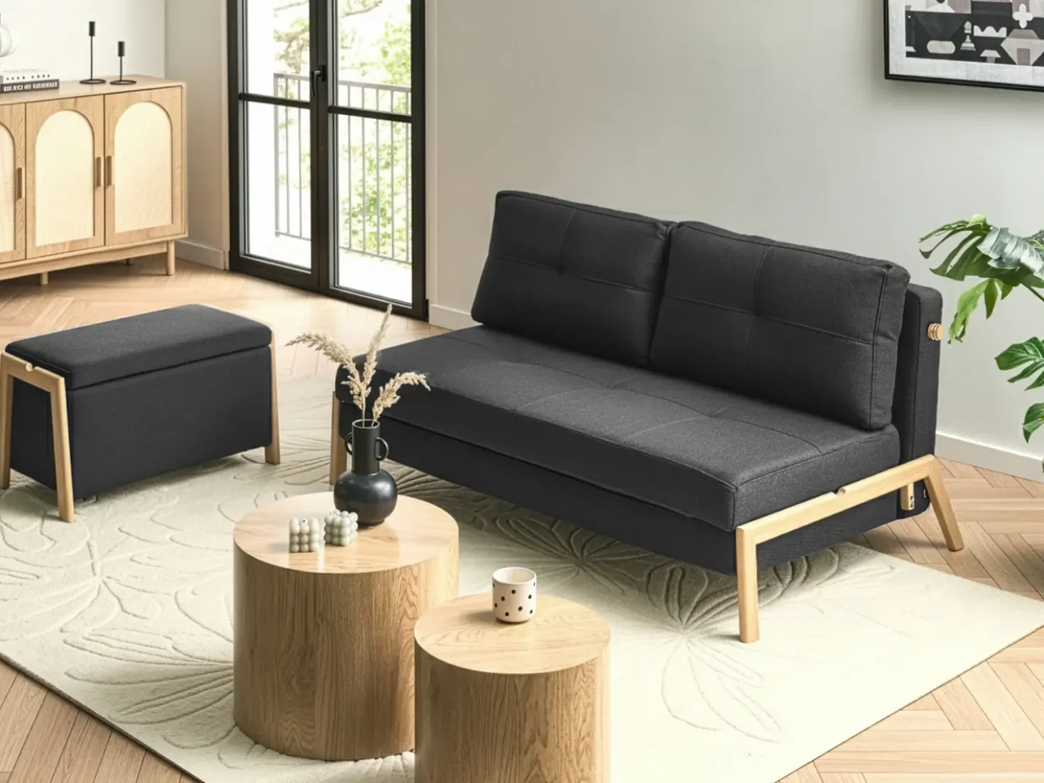 Set da salotto 3 posti EDLAND Tessuto Nero con Panca