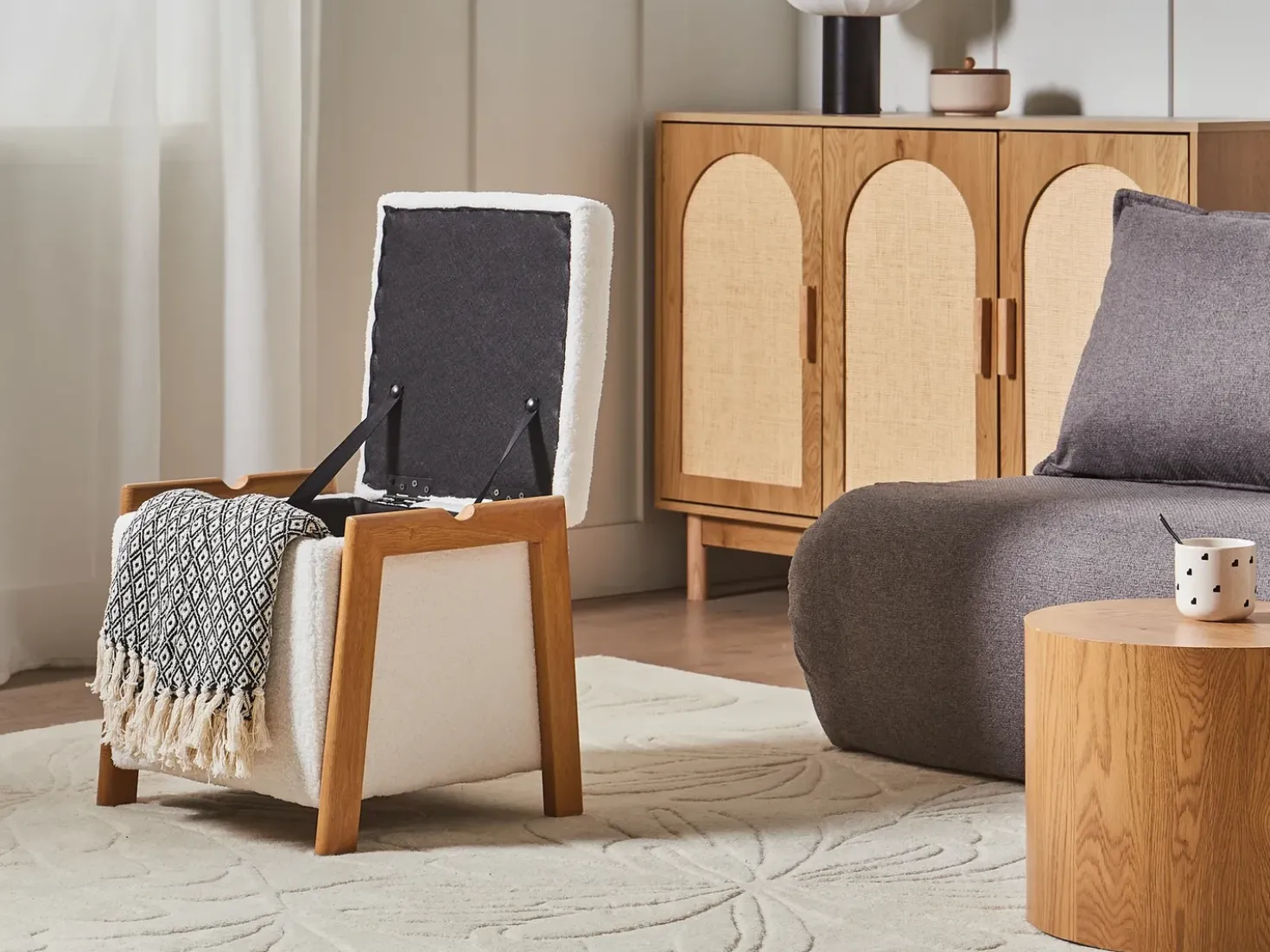 Set da salotto 3 posti EDLAND Bouclé Bianco con Pouf