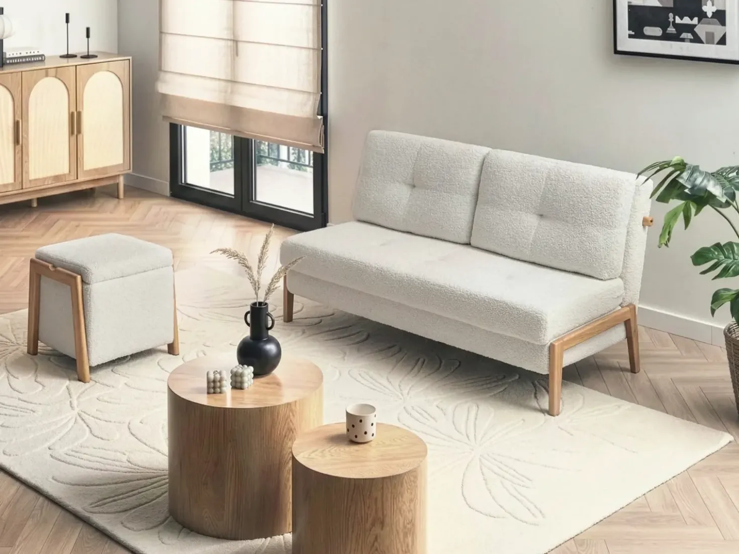 Set da salotto 3 posti EDLAND Bouclé Bianco con Pouf