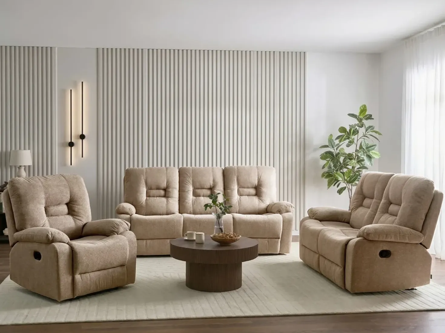 Set da salotto con poltrona reclinabile manuale 6 posti BERGEN Tessuto Beige