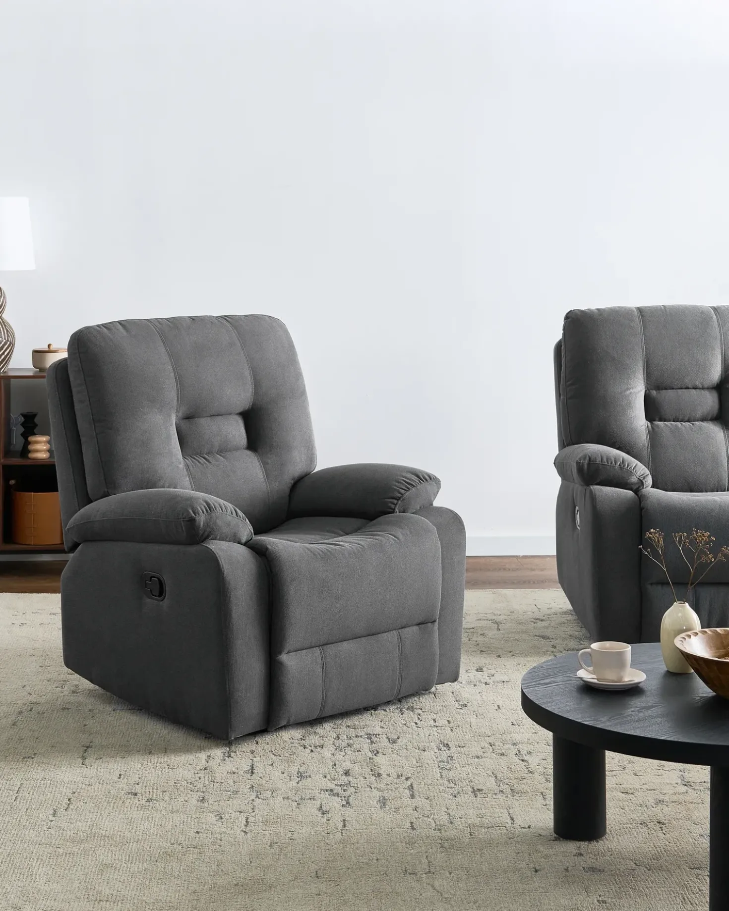 Set da salotto con poltrona reclinabile manuale 4 posti BERGEN Tessuto Grigio grafite