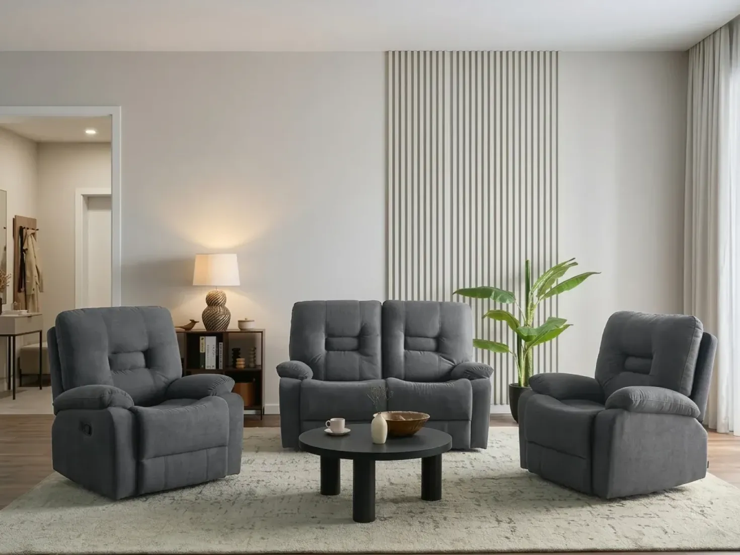 Set da salotto con poltrona reclinabile manuale 4 posti BERGEN Tessuto Grigio grafite