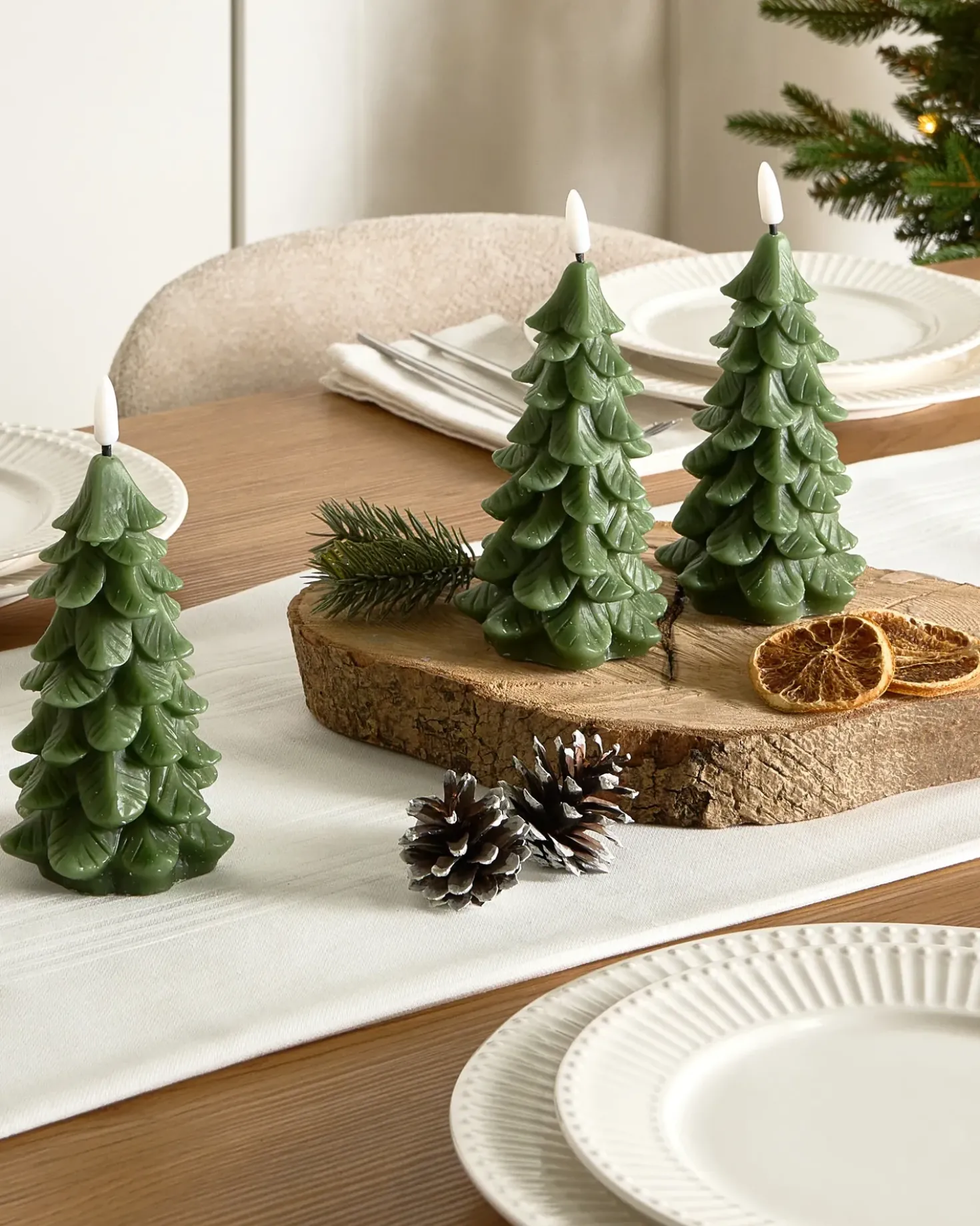 Set di 3 candele LED VELOURA Albero di Natale 16 cm Verde