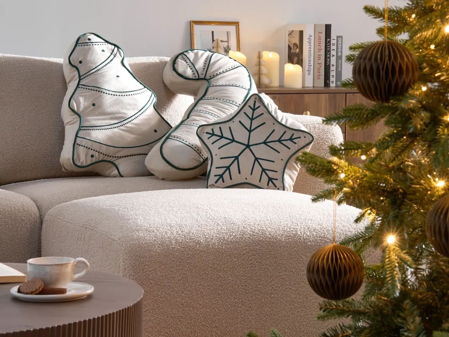 Set di 3 cuscini decorativi JOLLYTRIO Velluto 35 x 70 cm 40 x 60 cm 40 x 40 cm Beige chiaro Modello natalizio