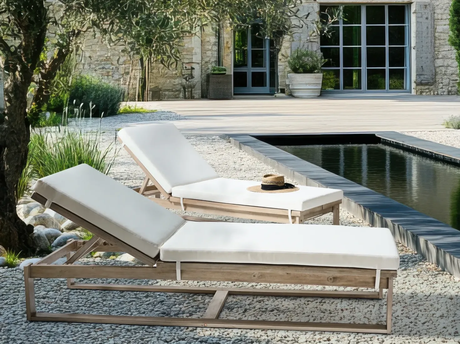 Set di 2 Lettini Prendisole con Cuscini AZZANELLO Legno d'acacia Bianco sporco