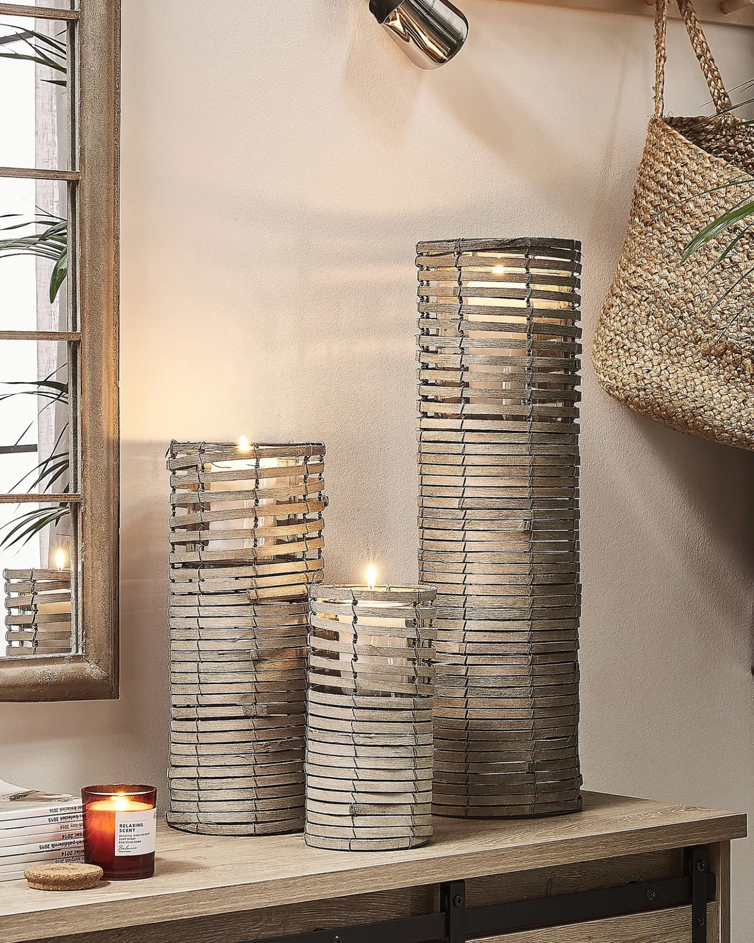 Set di 3 portacandele ROVARE Legno di pioppo 60/39/25 cm Grigio
