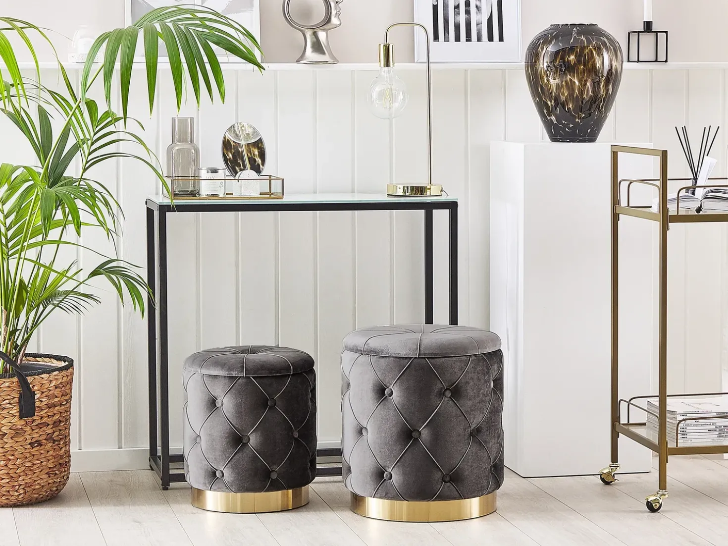 Set di 2 pouf contenitore PUEBLO Velluto Grigio