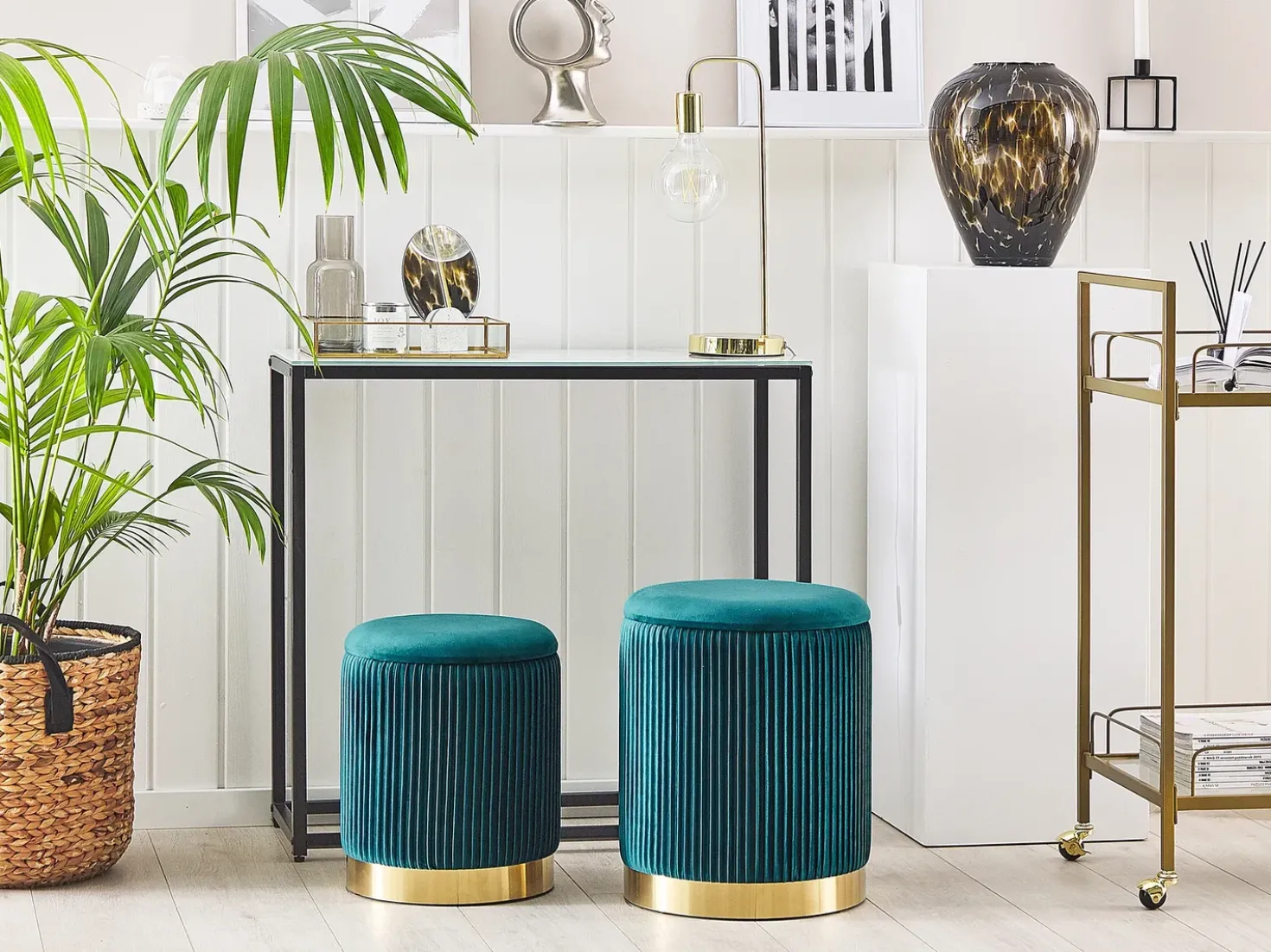 Set di 2 pouf contenitore MIRAMAR Velluto Foglia di tè