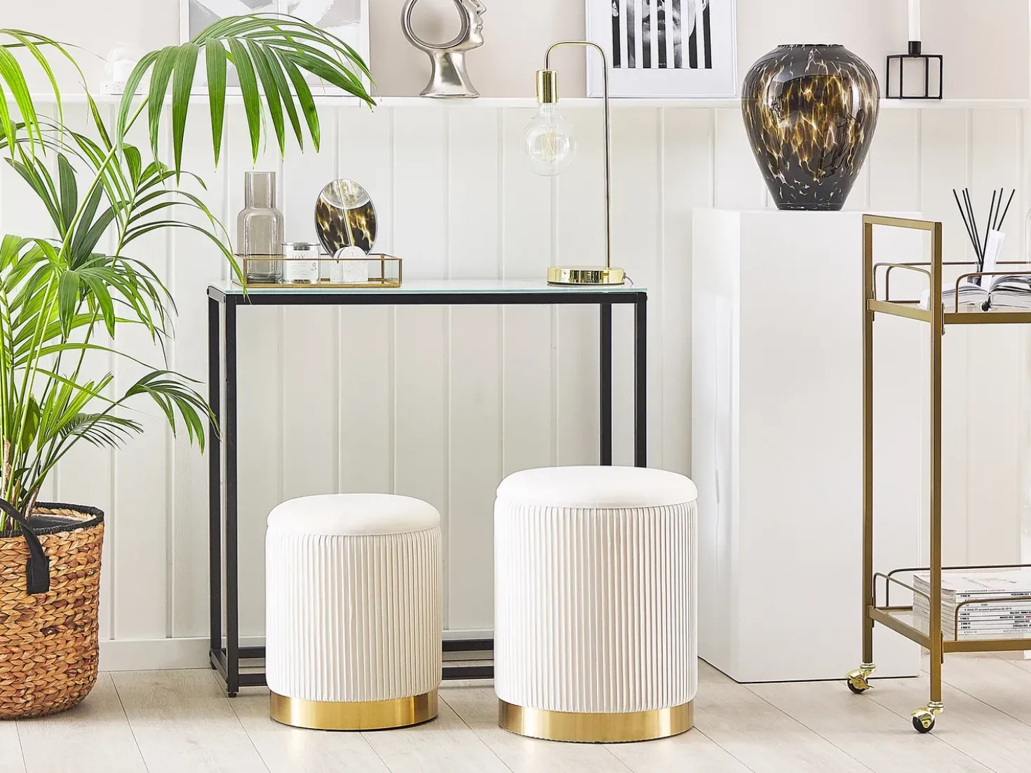 Set di 2 pouf contenitore MIRAMAR Velluto Bianco