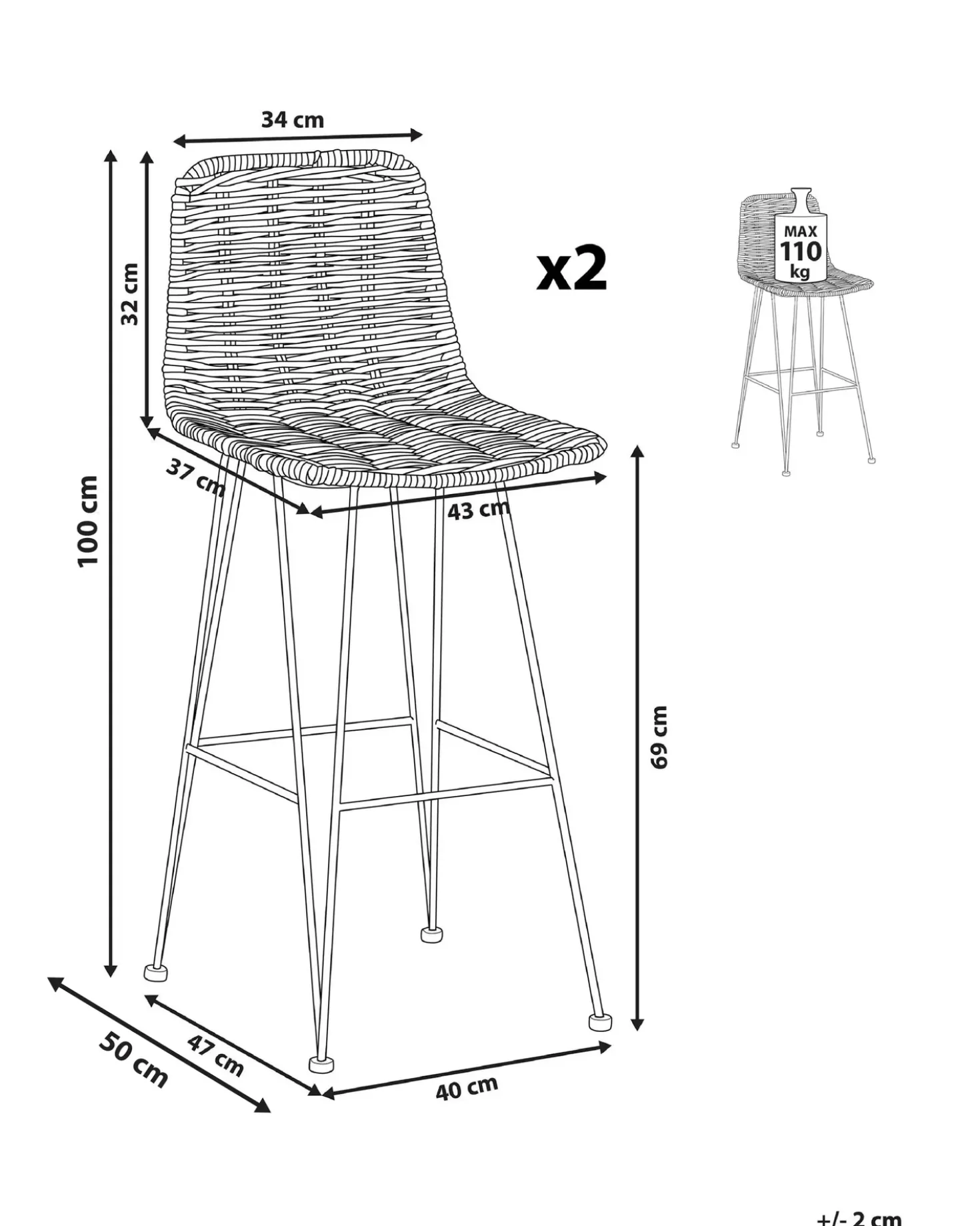 Set di 2 sedie alte CASSITA Rattan Marrone