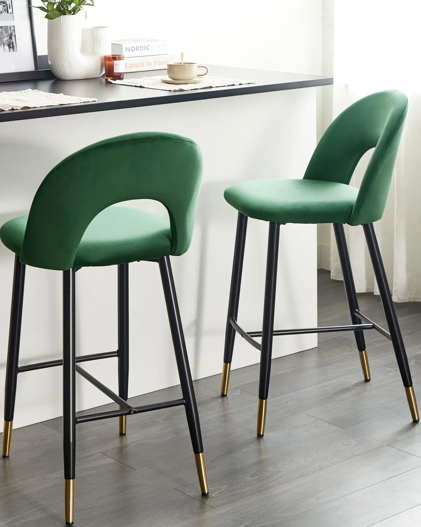 Set di 2 sedie alte FALTON Velluto Verde smeraldo