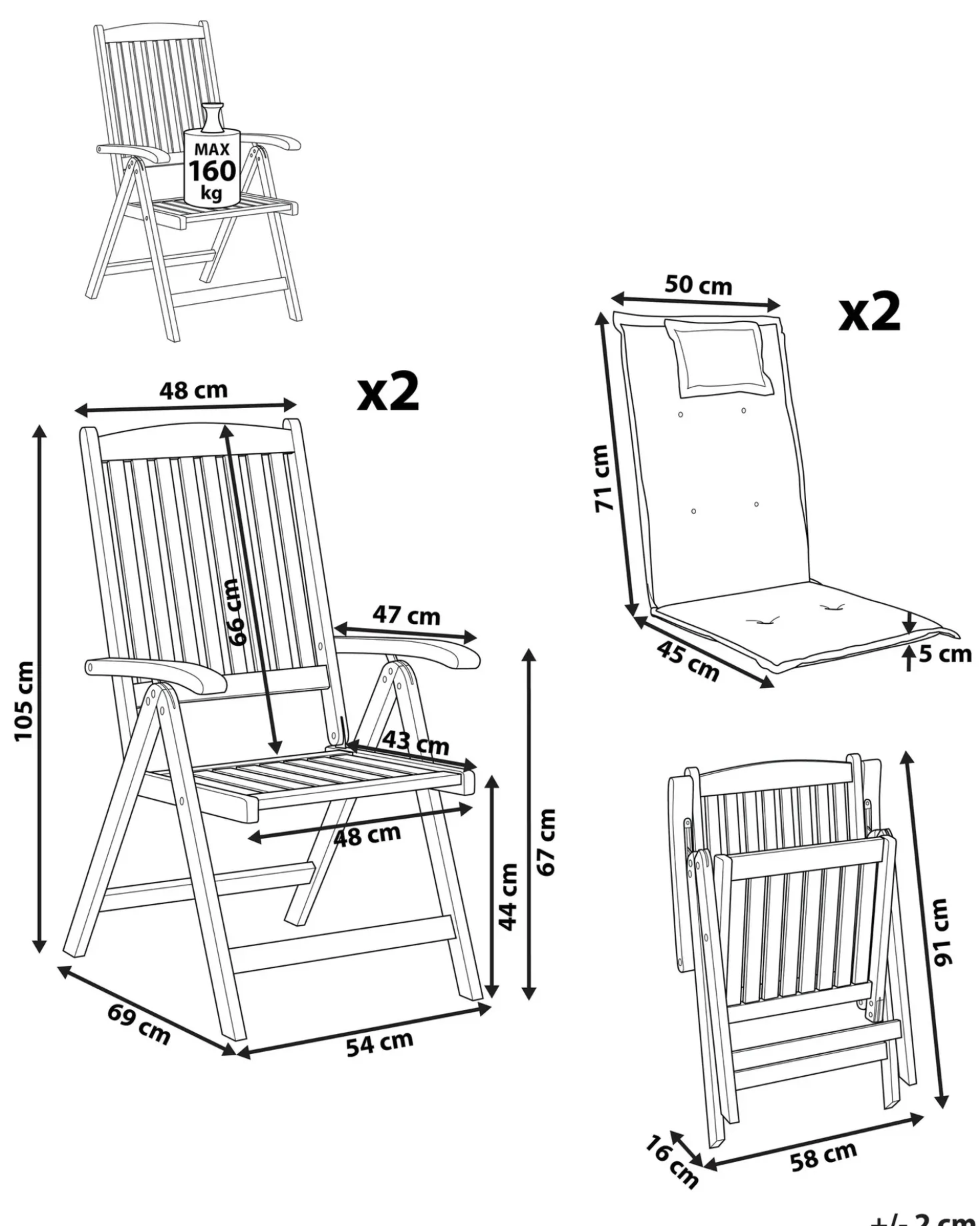 Set di 2 sedie da giardino con cuscini AMANTEA PREMIUM Legno d'acacia Blu