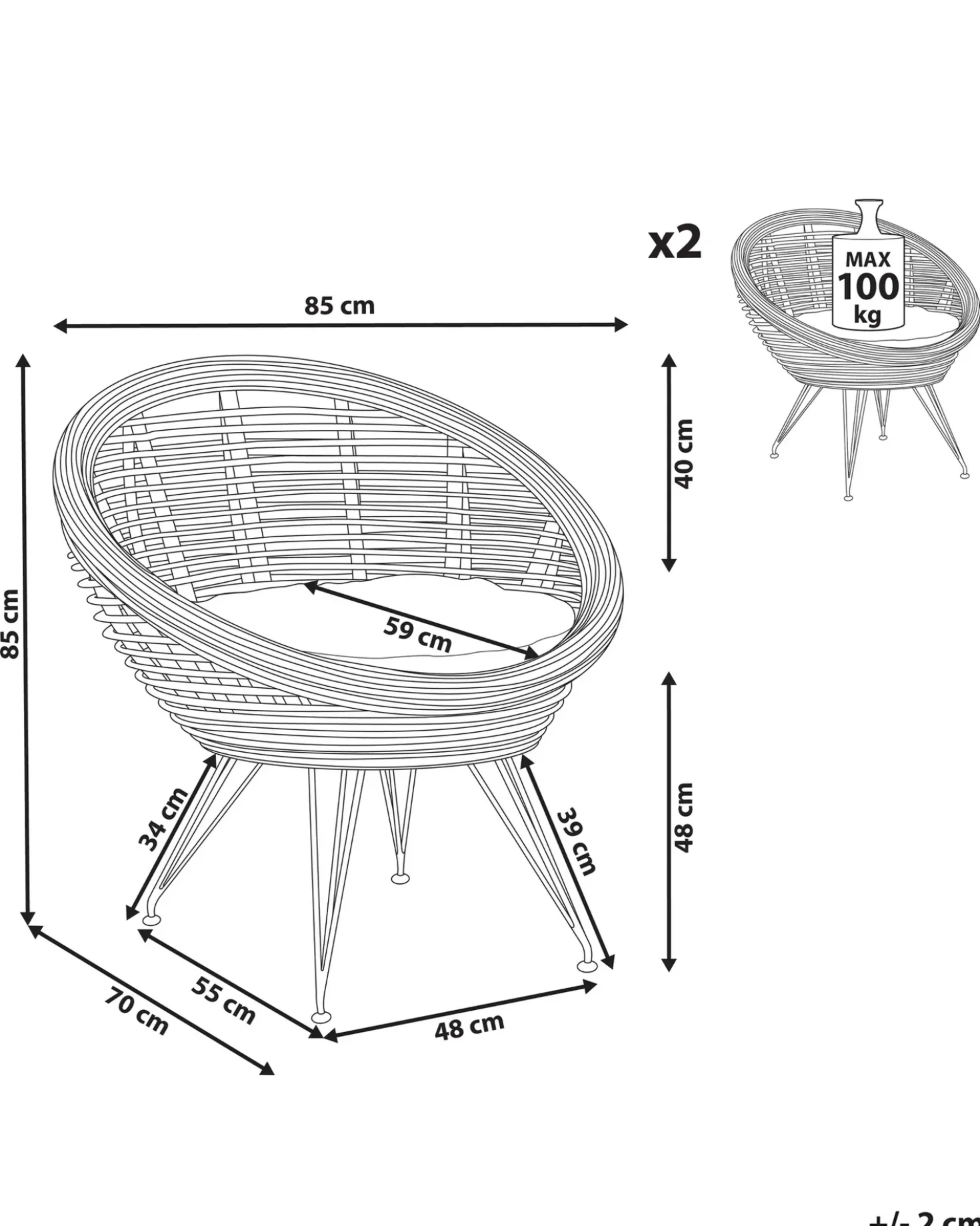 Set di 2 sedie da giardino con cuscini MARATEA Rattan Naturale