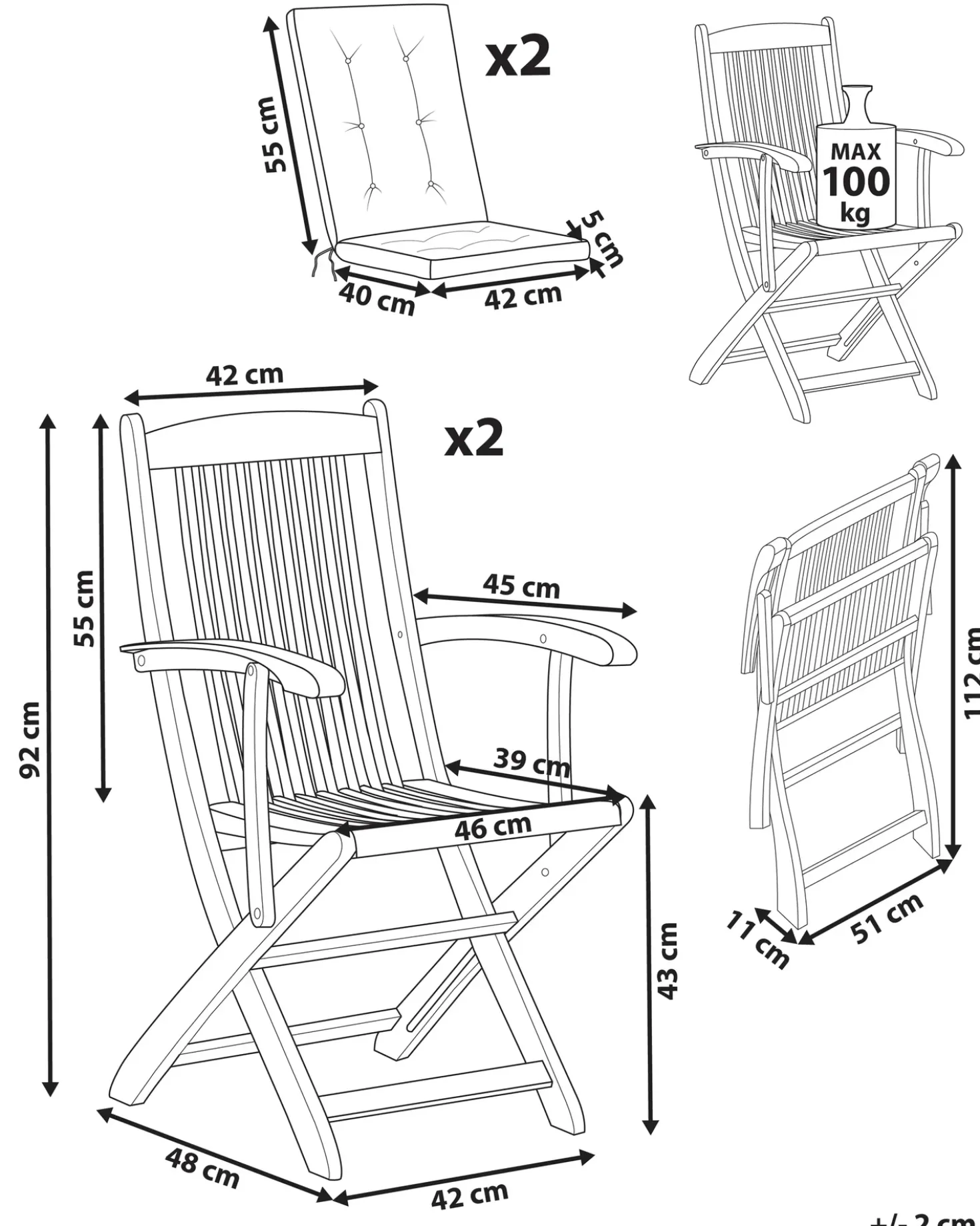 Set di 2 sedie da giardino con cuscini MAUI PREMIUM Legno d'acacia Beige chiaro