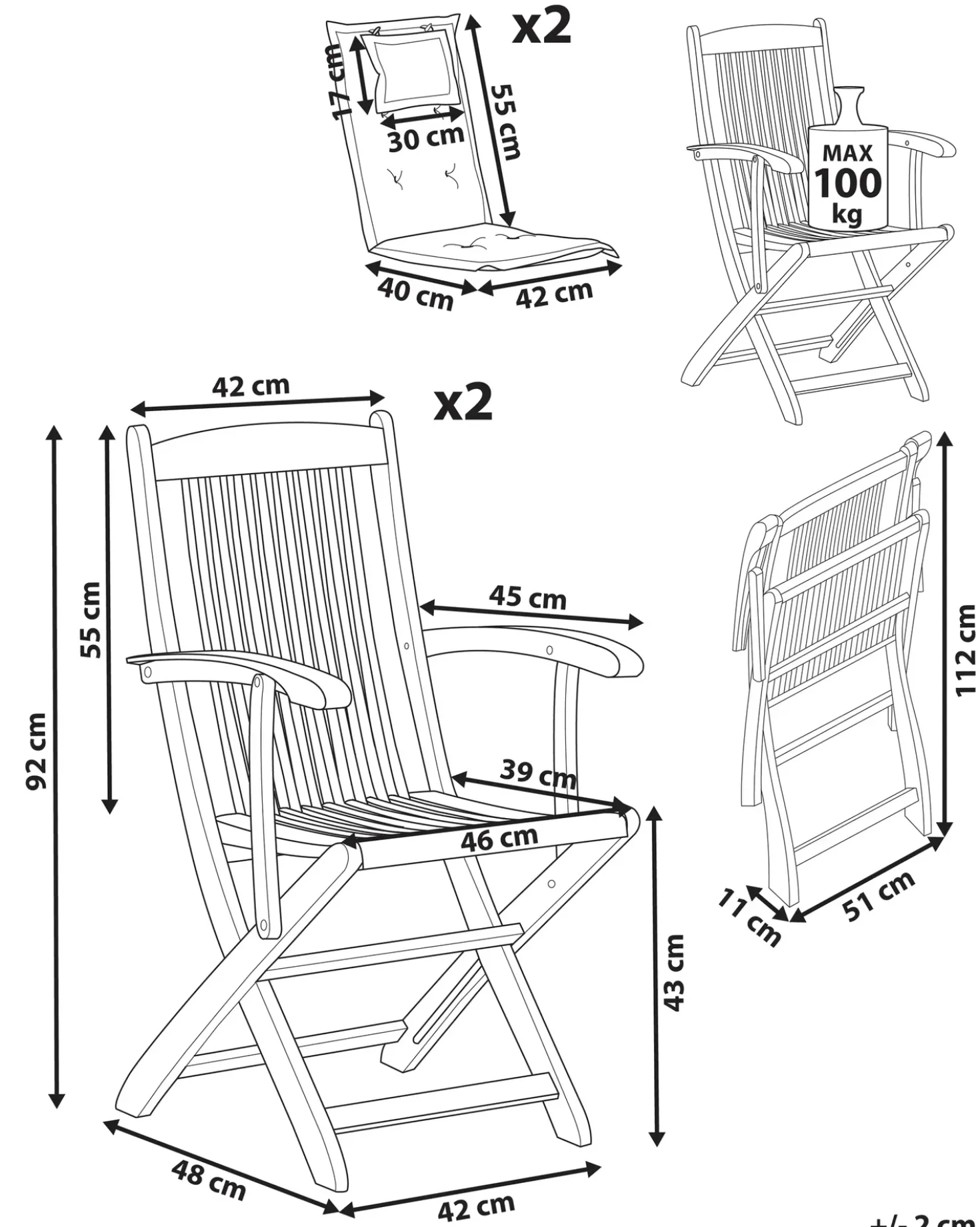 Set di 2 sedie da giardino con cuscini MAUI PREMIUM Legno d'acacia Blu