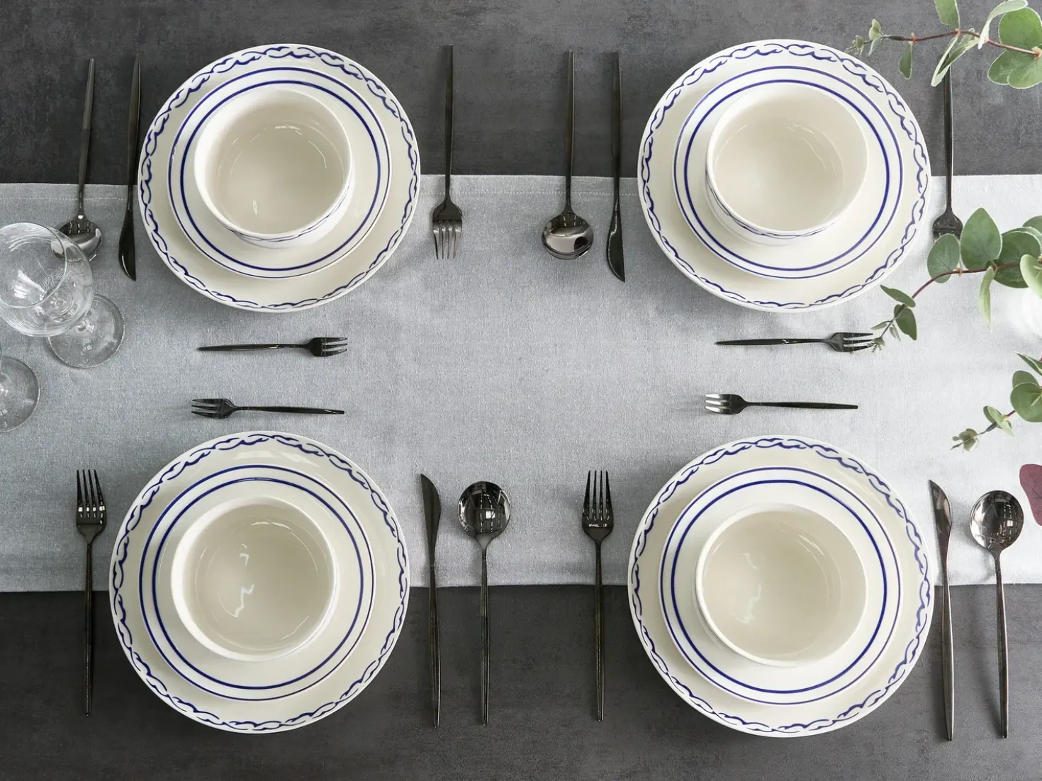 Set di 24 stoviglie AMCHUR Porcellana Bianco/Blu