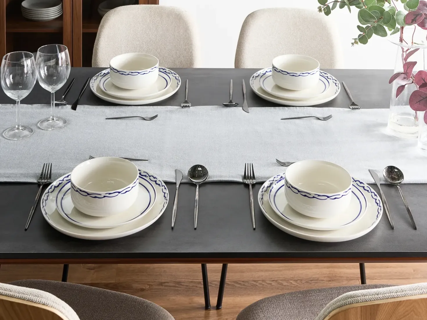 Set di 12 stoviglie AMCHUR Porcellana Bianco/Blu