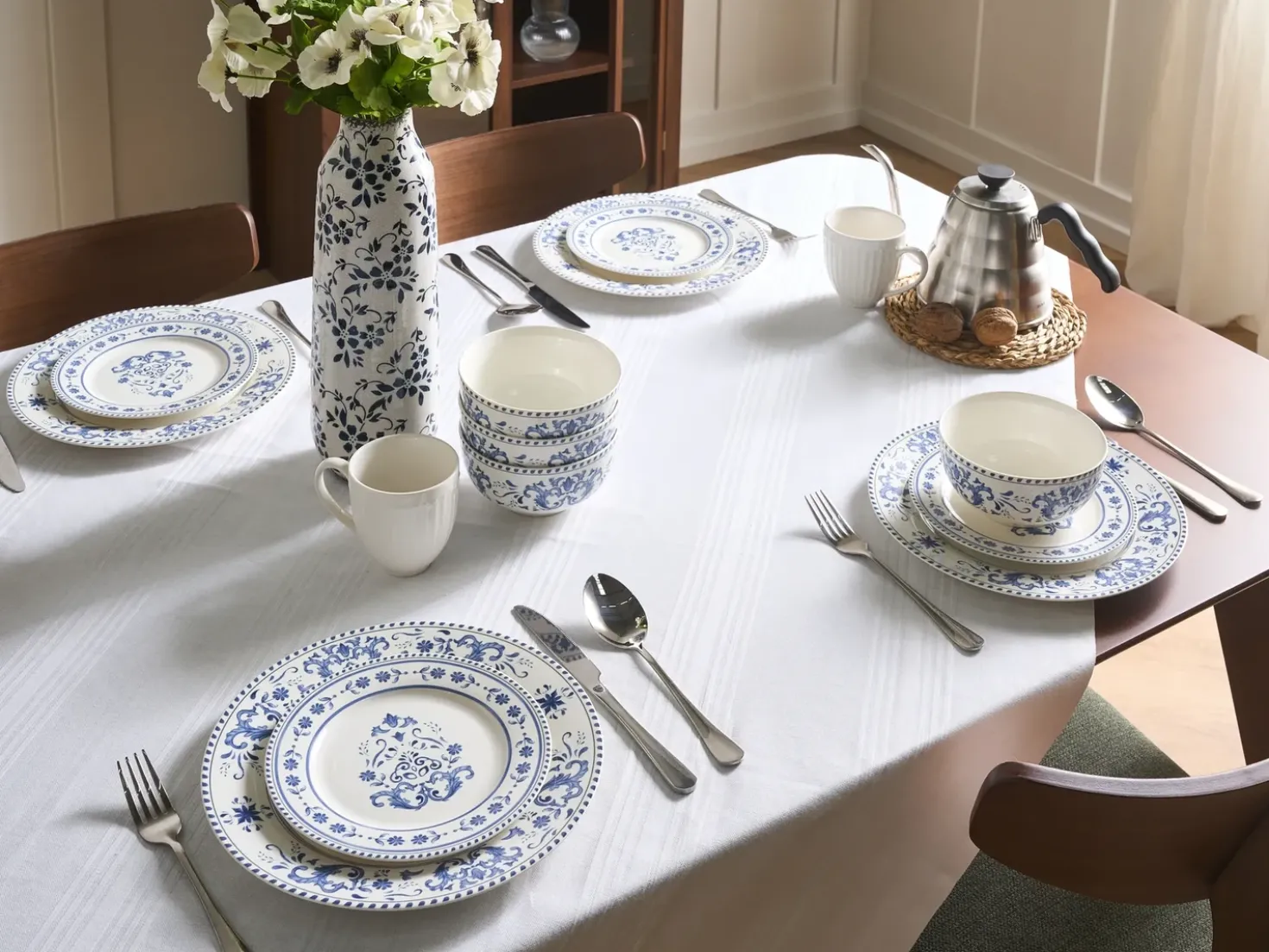 Set di 12 stoviglie GALANGAL Porcellana Bianco/Blu