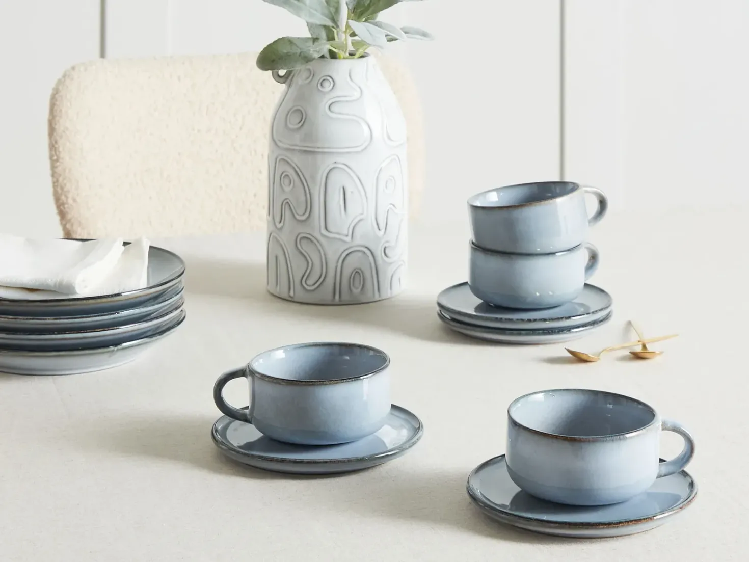 Set di 4 tazze con piattini JUNIPER Gres porcellanato Azzurro