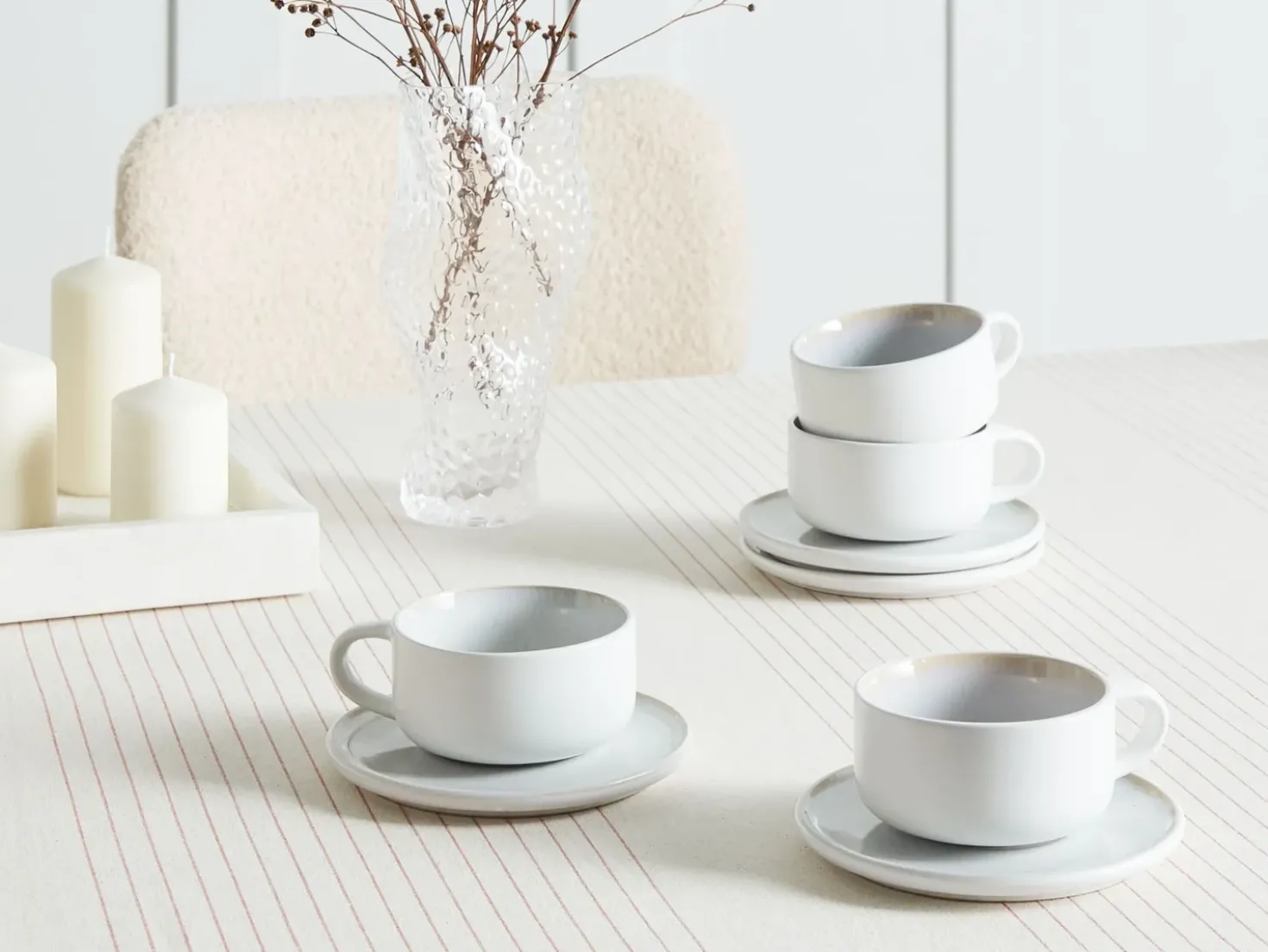 Set di 8 tazze con piattini SESAME Gres porcellanato Bianco sporco