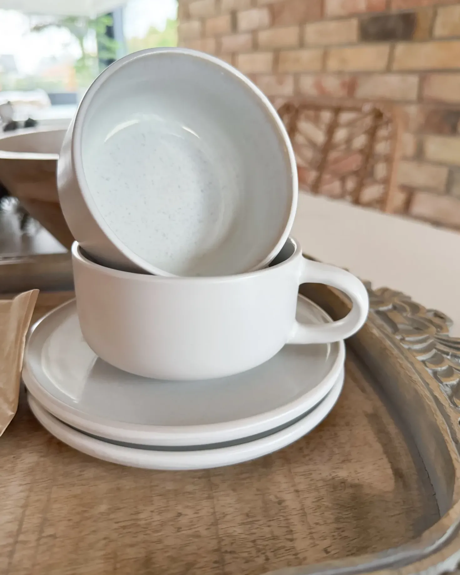 Set di 8 tazze con piattini SESAME Gres porcellanato Bianco sporco