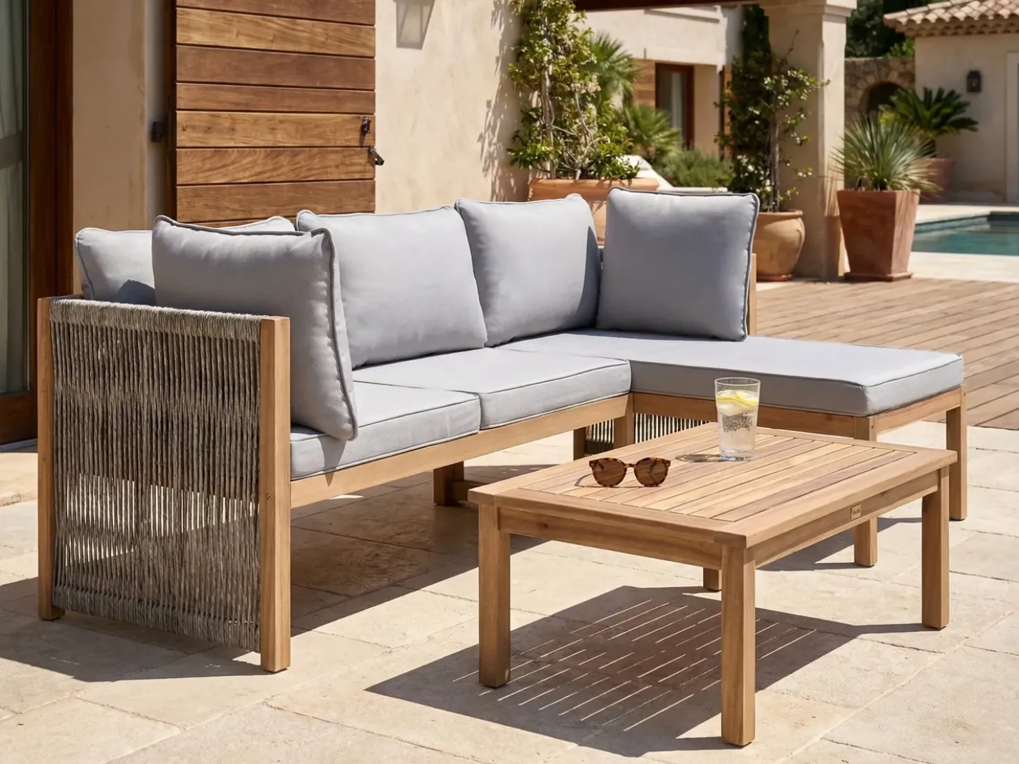 Set di divani angolari da giardino 3 posti ARABBA Lato Sinistro Legno di acacia certificato Grigio