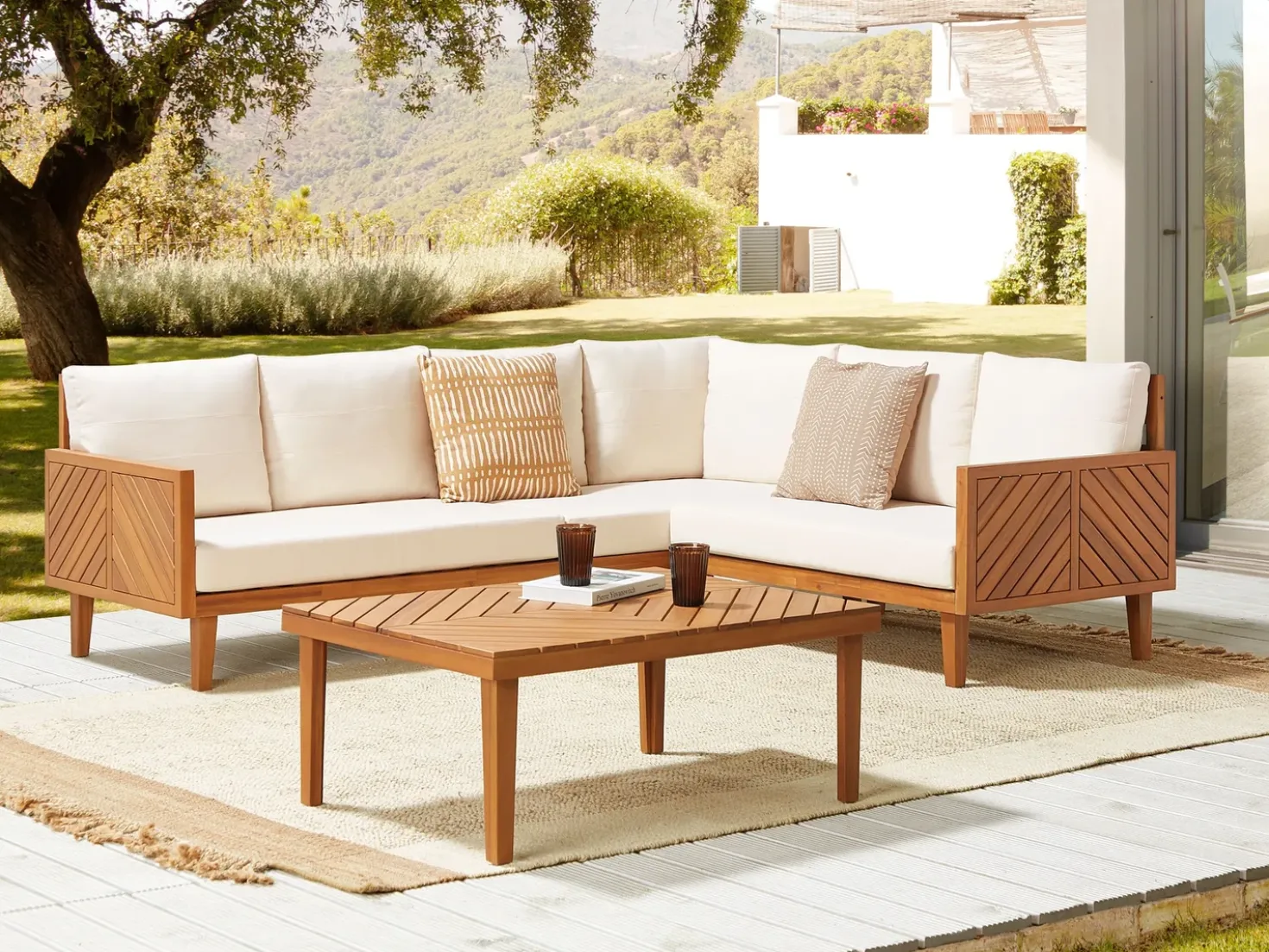 Set di divani angolari da giardino 4 posti BARATTI Lato Sinistro Legno d'acacia Marrone