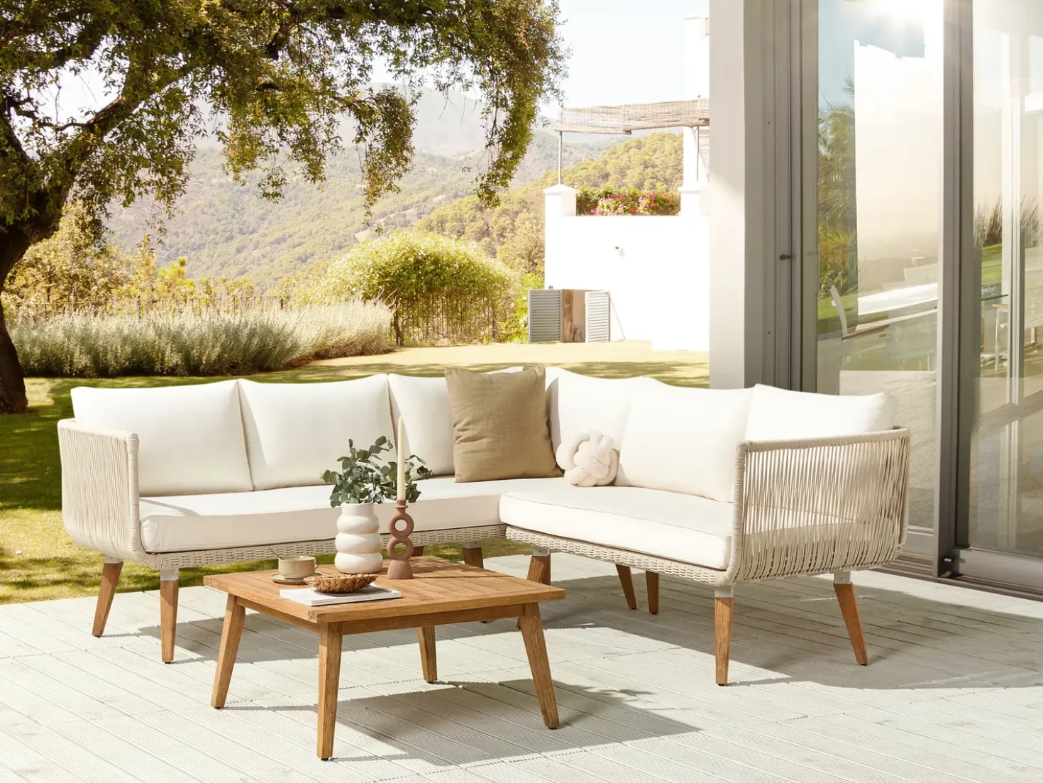 Set di divani angolari da giardino 5 posti ALCAMO Lato Sinistro Legno d'acacia Beige chiaro