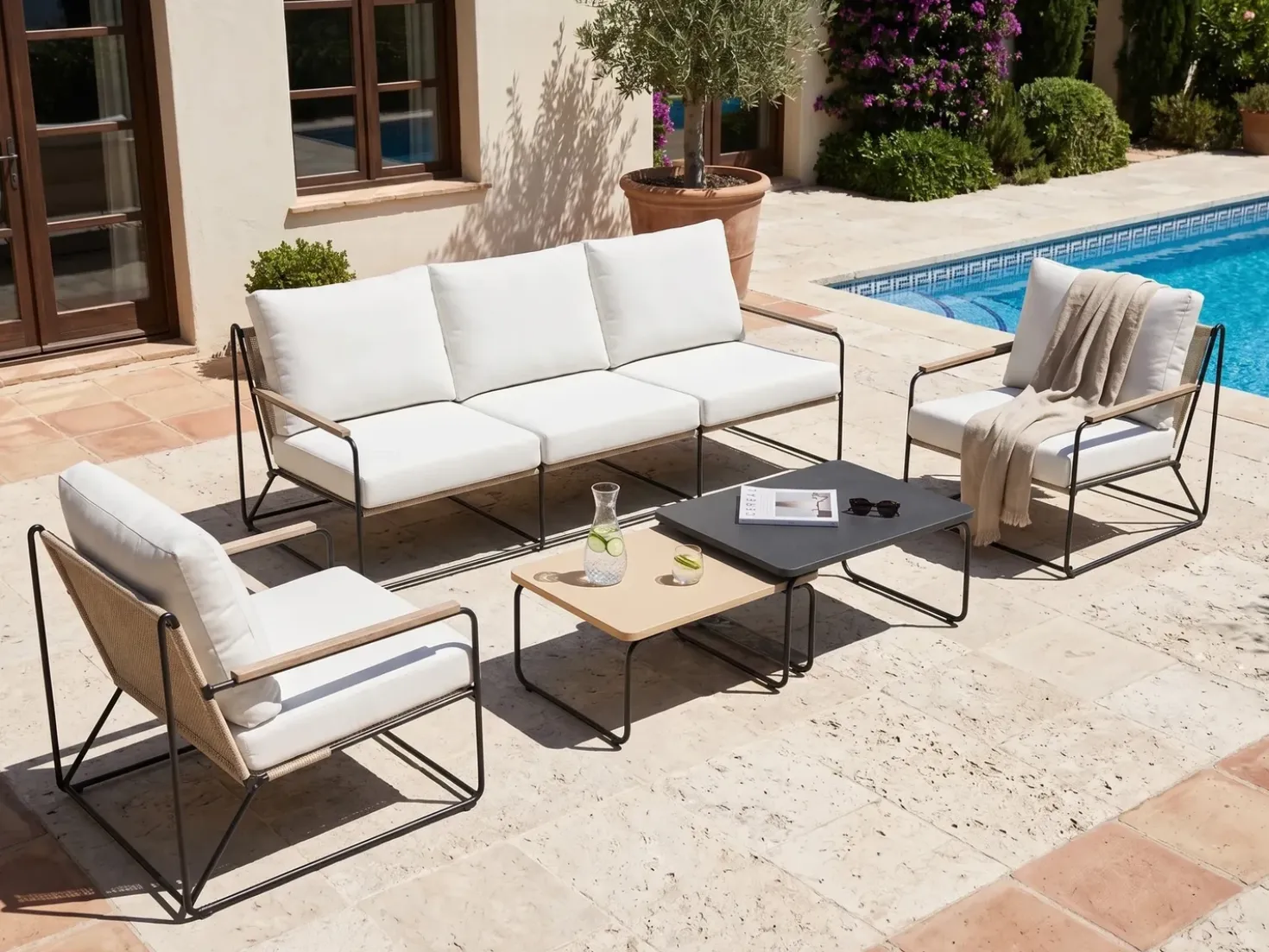 Set di divani da giardino 5 posti VENARIA con tavoli Metallo Beige/Nero