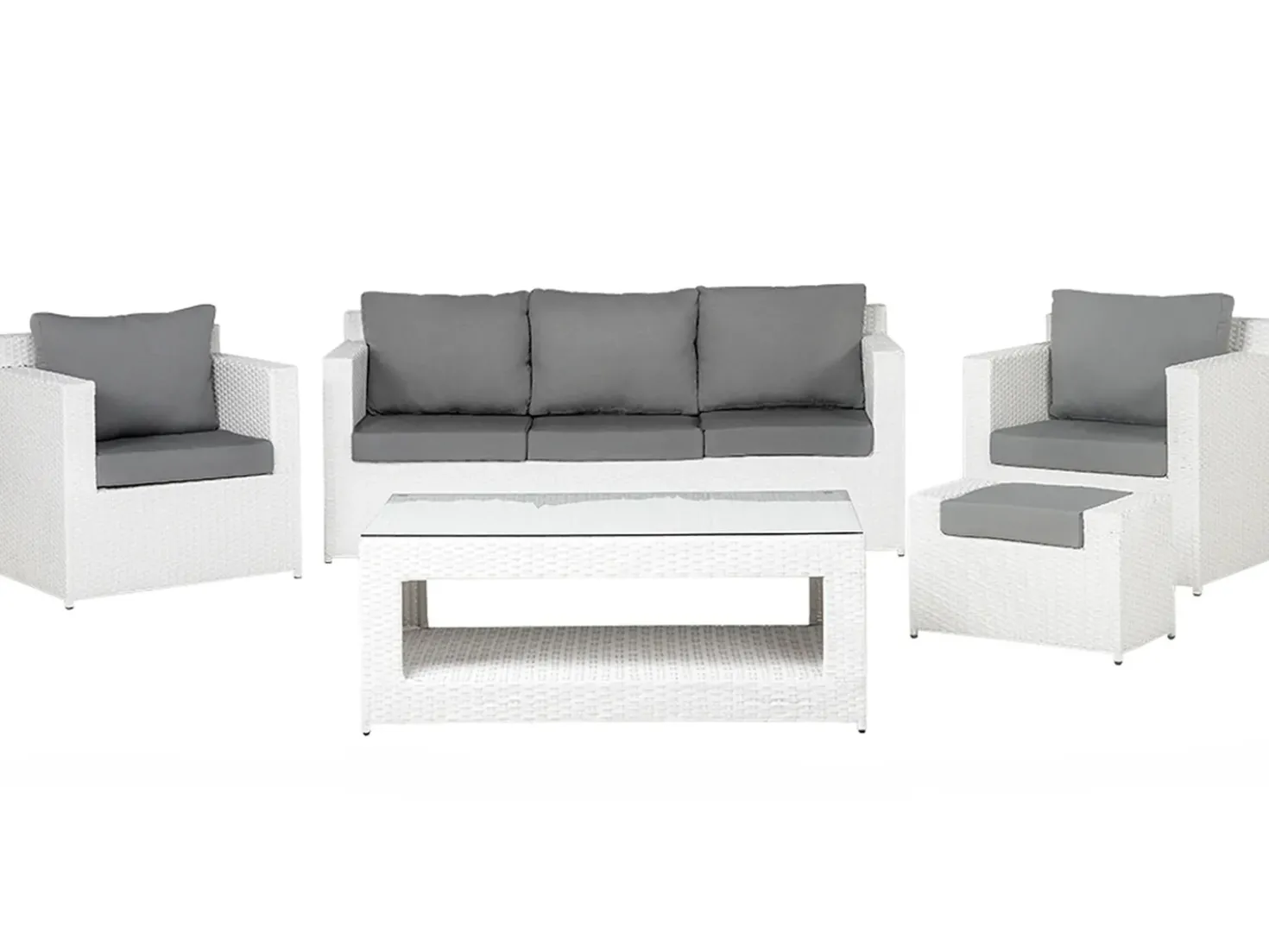 Set salotto da giardino con tavolo e pouf 6 posti ROMA Rattan sintetico (PE) Bianco