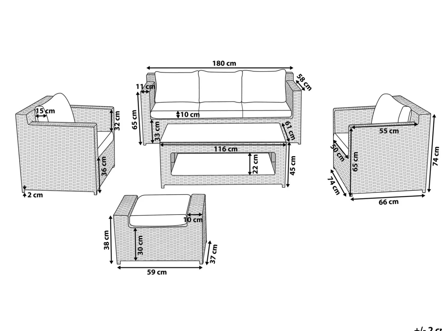 Set salotto da giardino con tavolo e pouf 6 posti ROMA Rattan sintetico (PE) Bianco