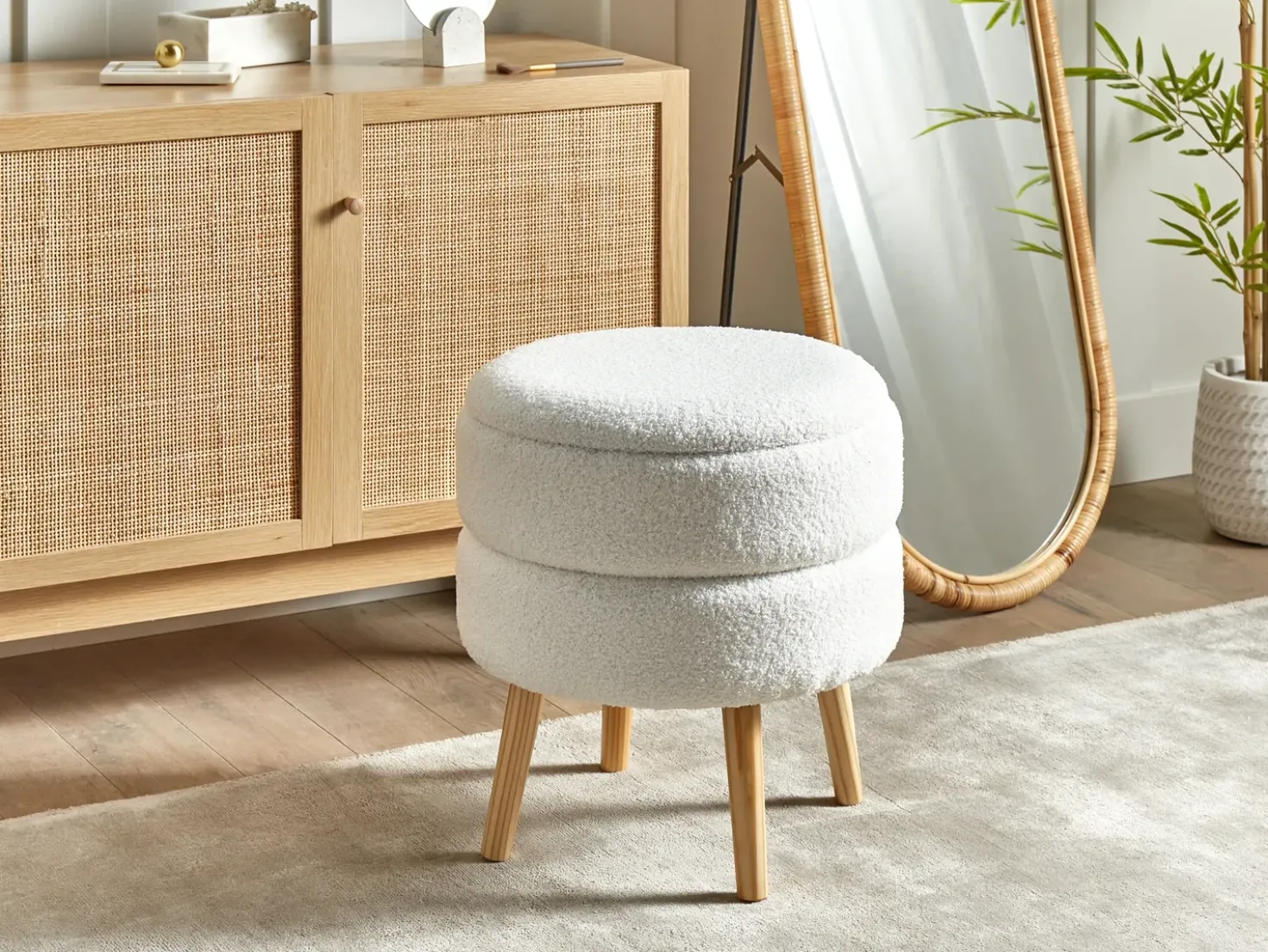 Sgabello contenitore OKATON Bouclé Bianco