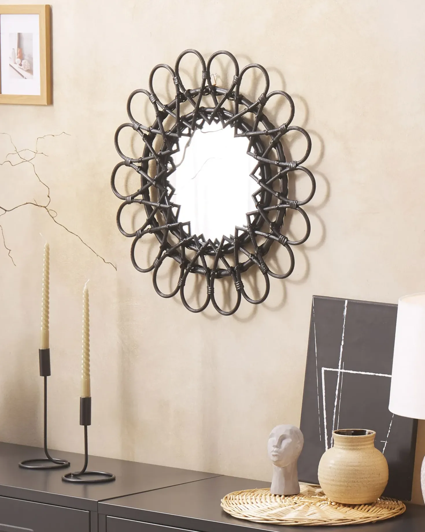 Specchio BABAI 60 cm 60 cm Rattan Nero