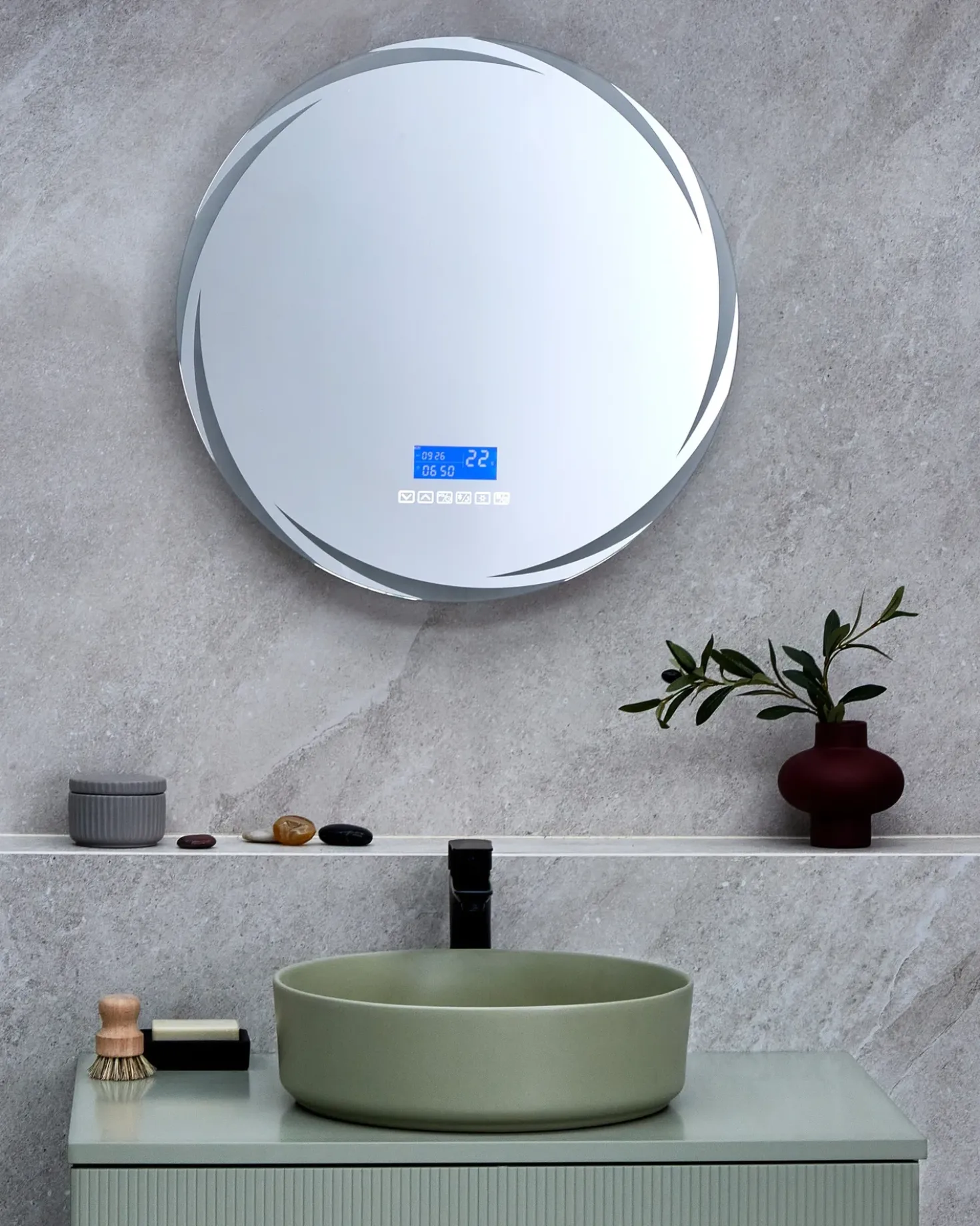 Specchio da bagno con luce LED TANAY 60 cm 60 cm con altoparlante Bluetooth integrato Argento