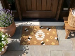 Tappetino da Ingresso KIGALIK Naturale 50 x 80 cm Ape Fiore Fibra di Cocco
