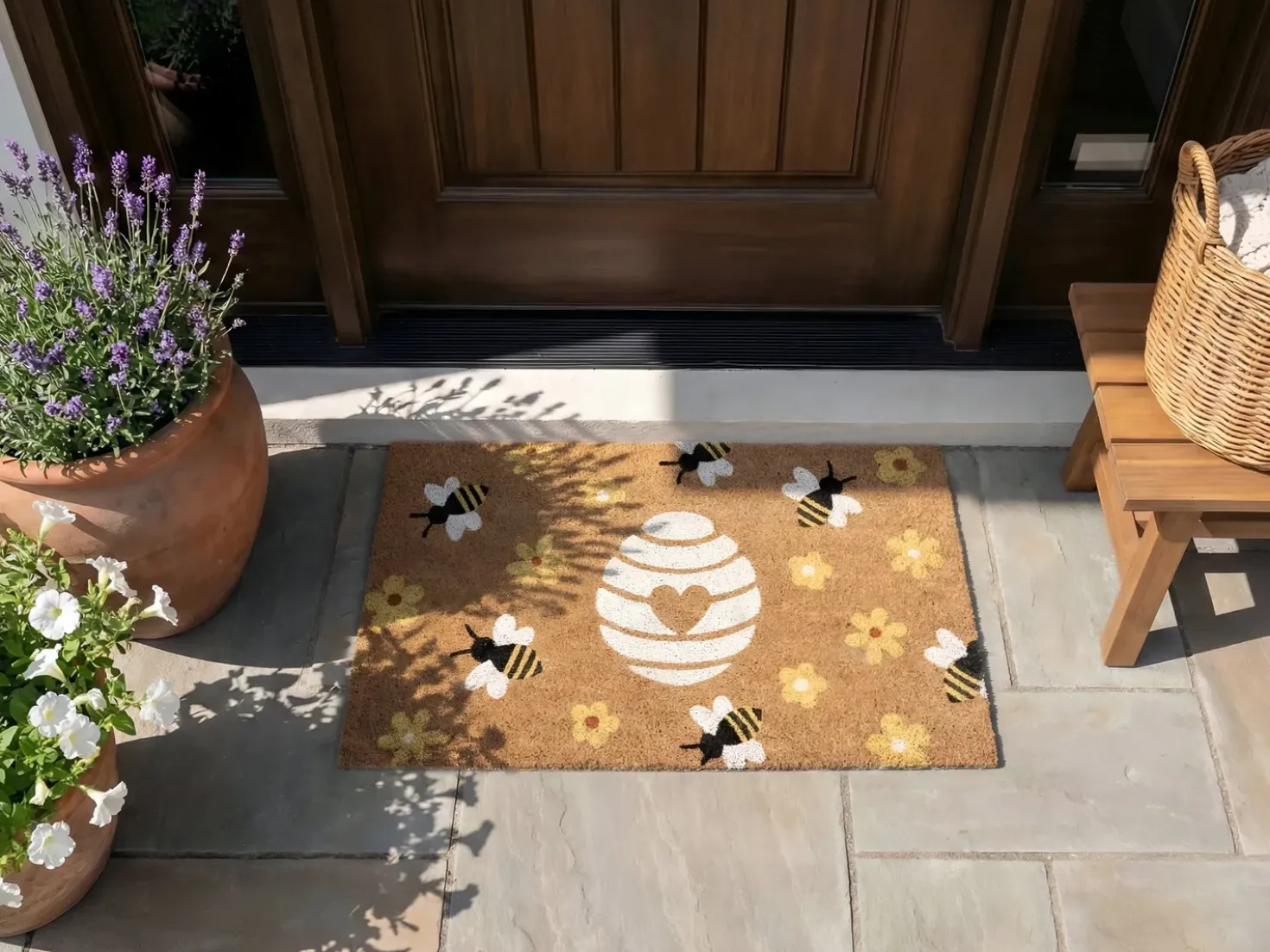 Tappetino da Ingresso KIGALIK Naturale 50 x 80 cm Ape Fiore Fibra di Cocco