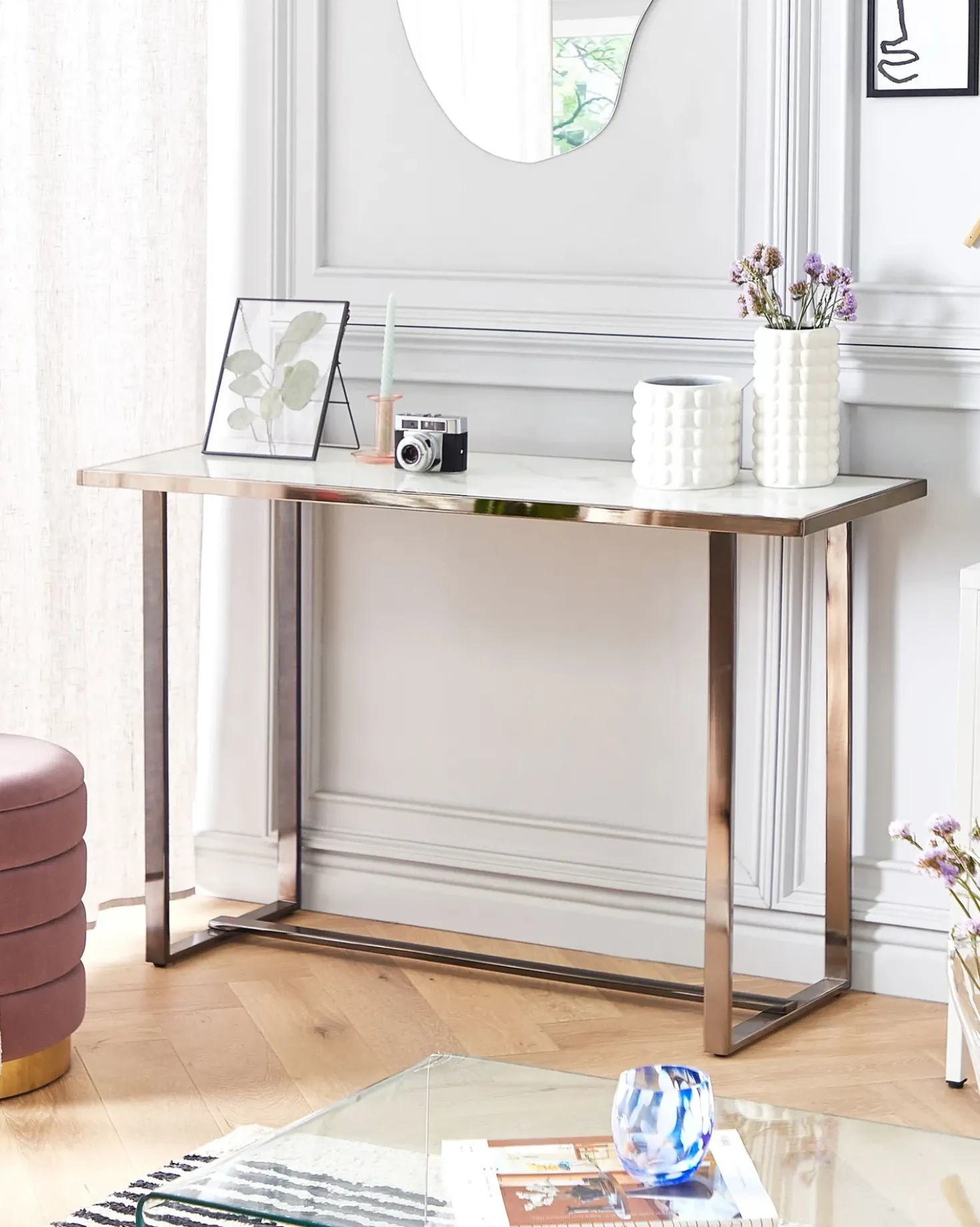 Tavolino consolle PLANO Vetro temperato Marmo bianco