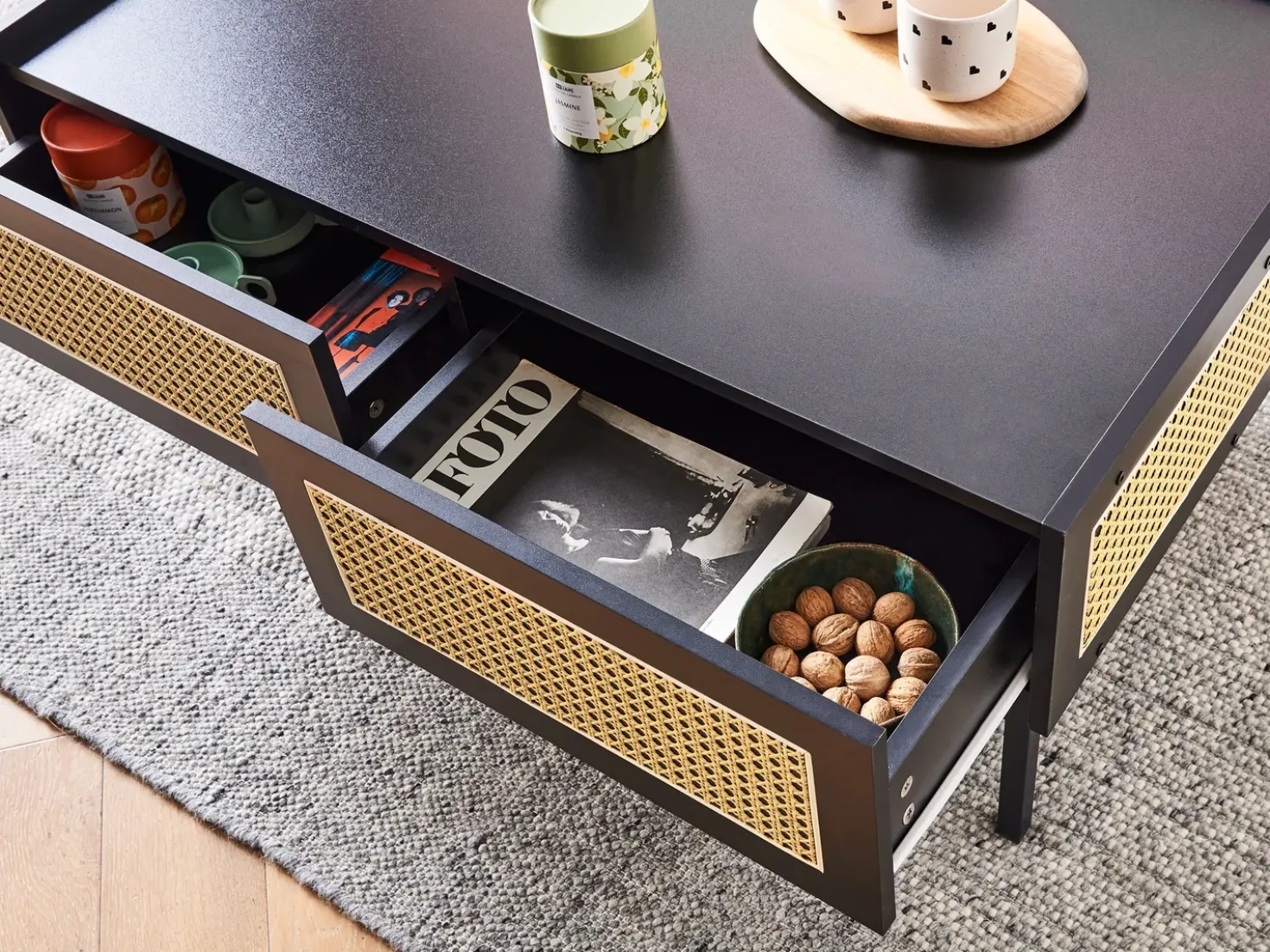 Tavolino da caffè CULLEN Rattan Nero con contenitore