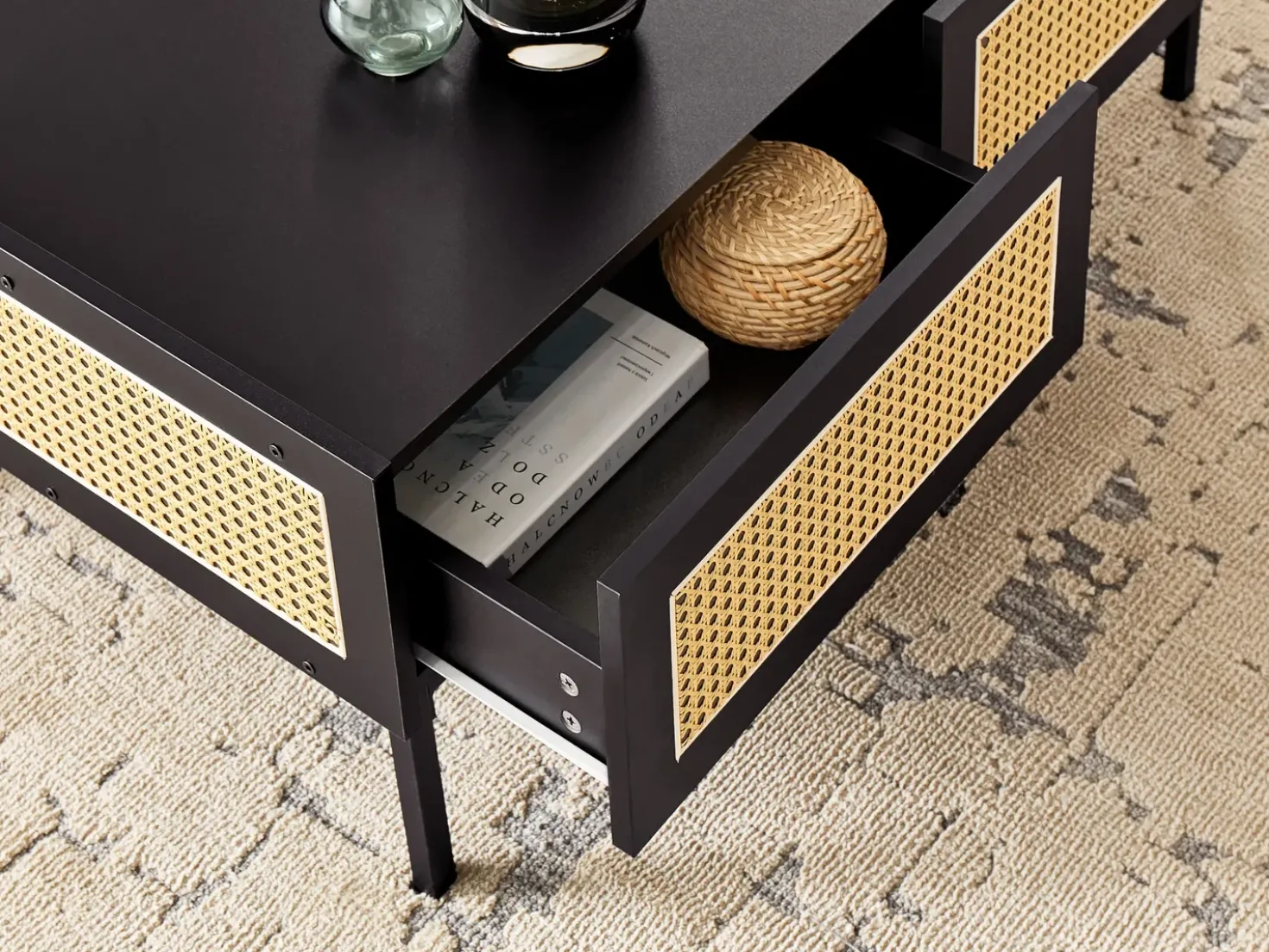 Tavolino da caffè CULLEN Rattan Nero con contenitore
