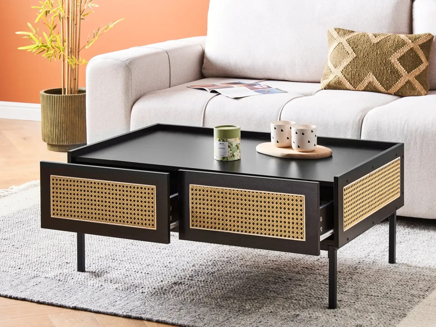 Tavolino da caffè CULLEN Rattan Nero con contenitore