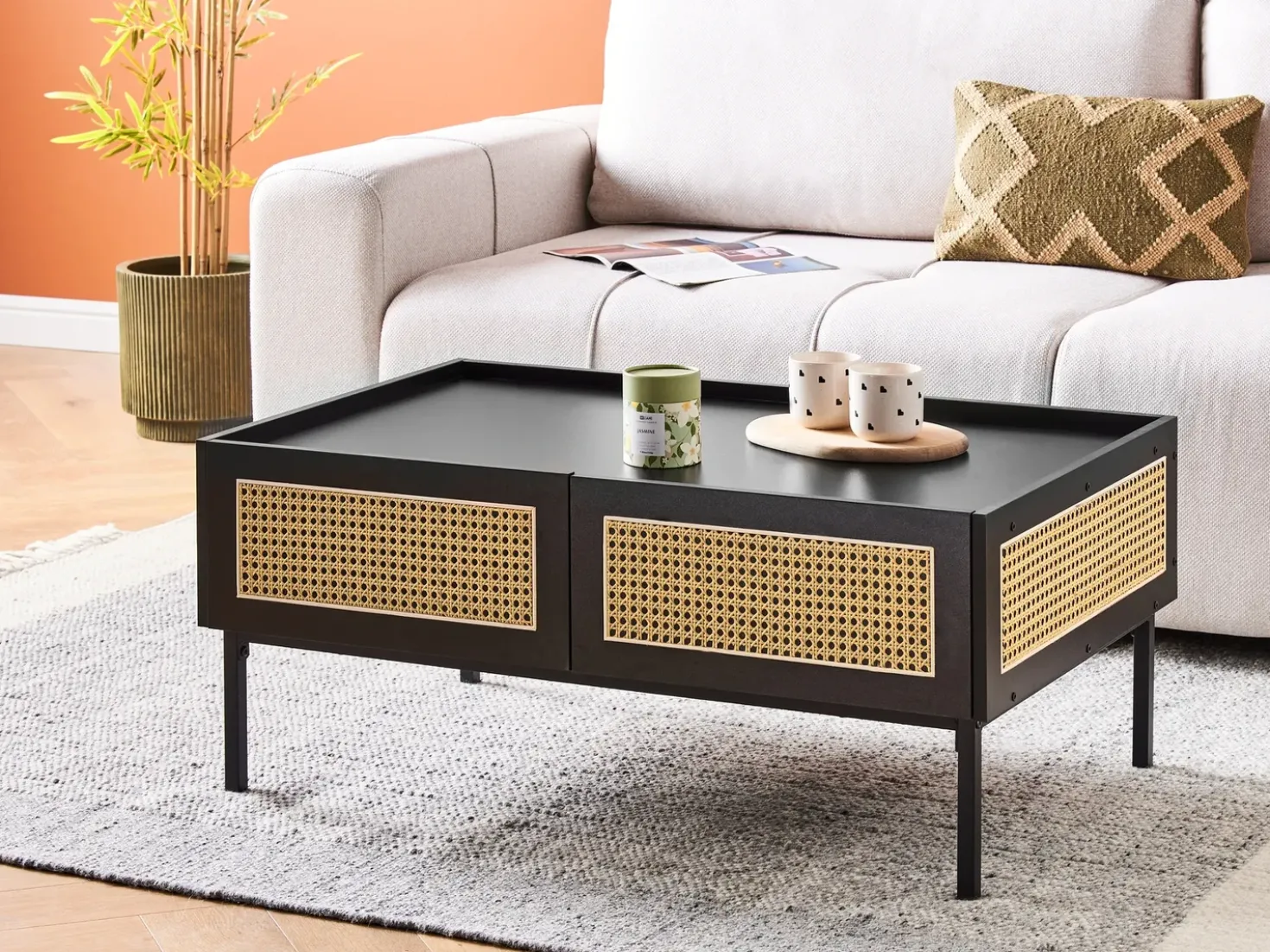 Tavolino da caffè CULLEN Rattan Nero con contenitore
