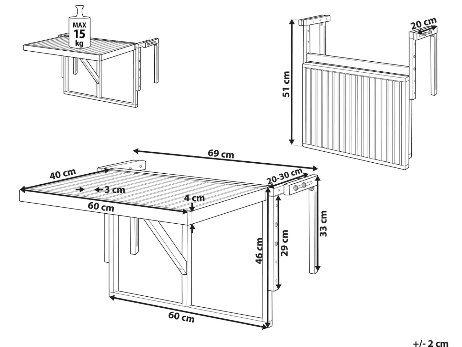 Tavolo da balcone UDINE 70 cm 69 cm Legno d'acacia Marrone